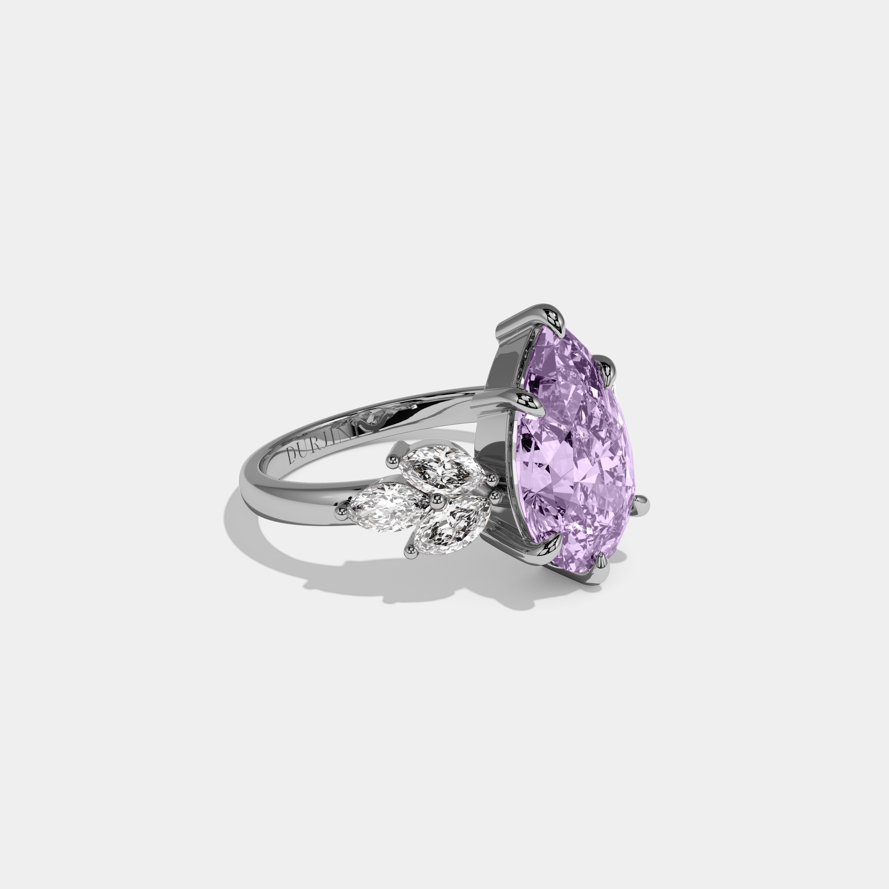 Alice Fancy Purple Pear Cut Diamond Plain Band With Marquise Cut Sides Engagement Ring 7ct 18K White Gold