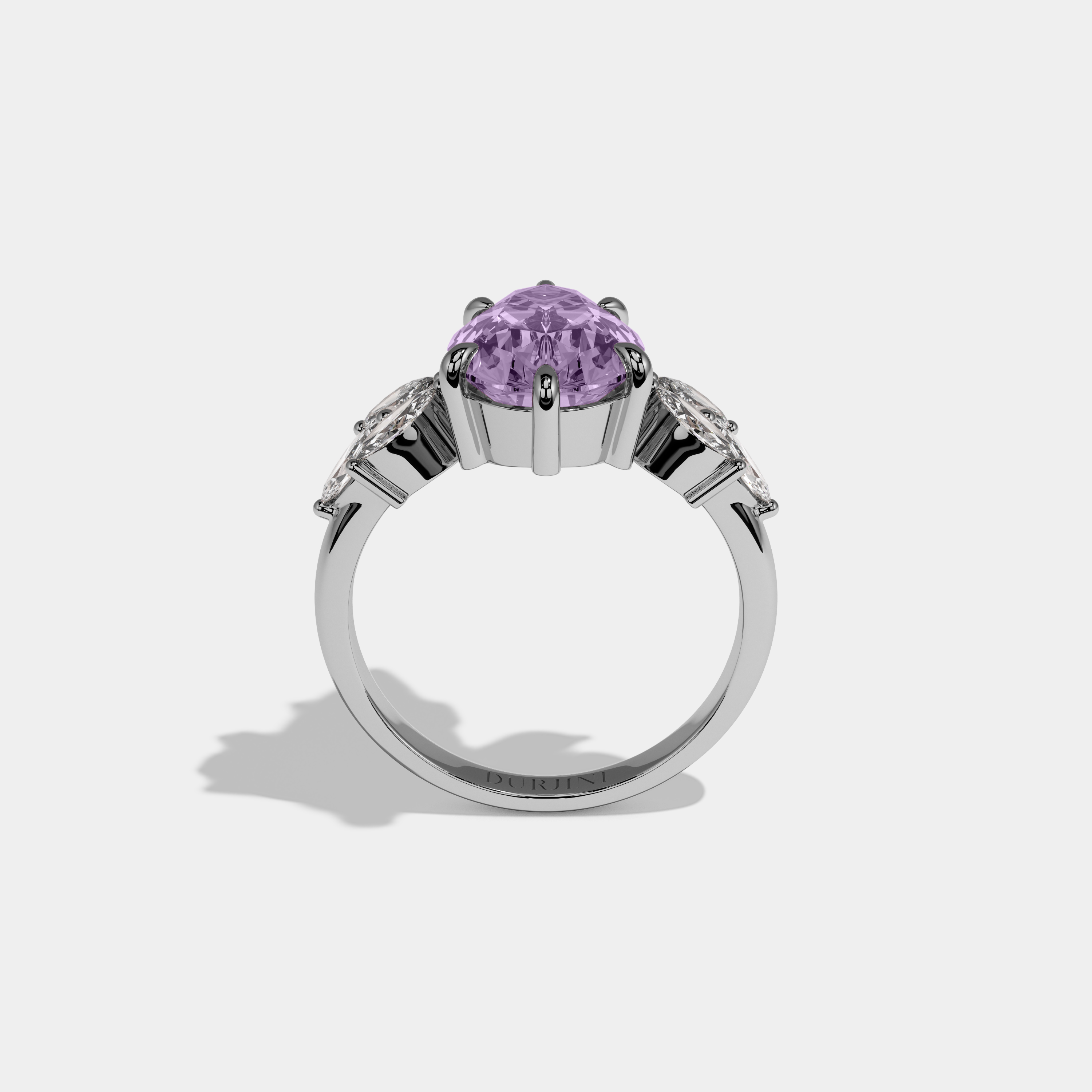 Alice Fancy Purple Pear Cut Diamond Plain Band With Marquise Cut Sides Engagement Ring 7ct 18K White Gold