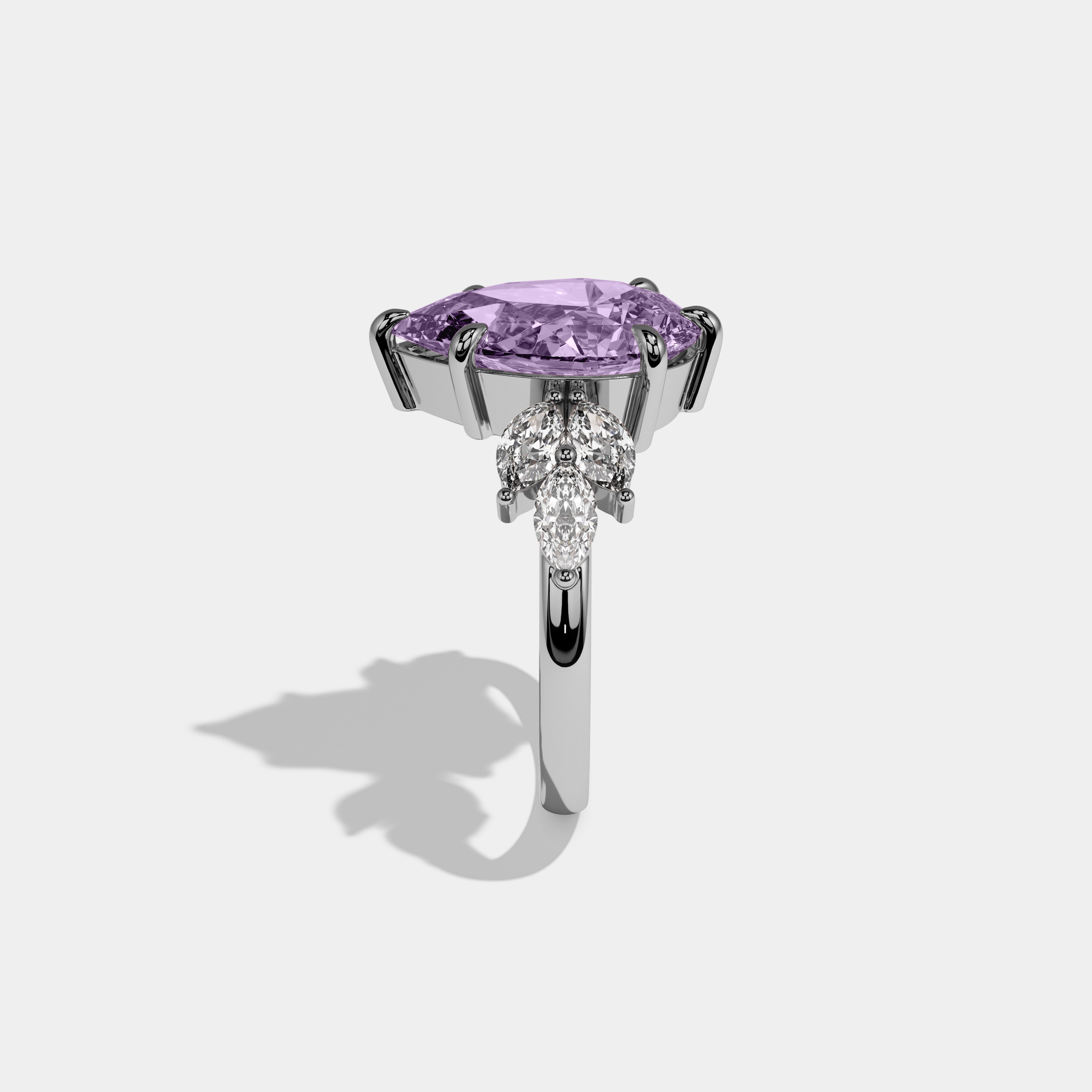 Alice Fancy Purple Pear Cut Diamond Plain Band With Marquise Cut Sides Engagement Ring 7ct 18K White Gold