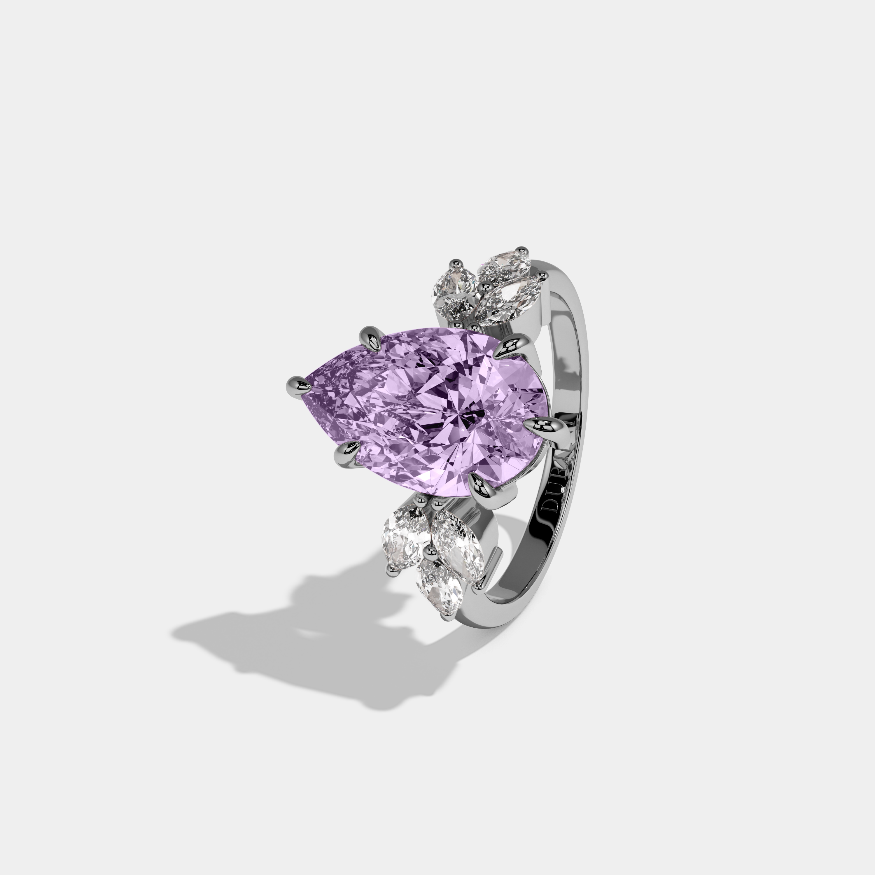Alice Fancy Purple Pear Cut Diamond Plain Band With Marquise Cut Sides Engagement Ring 7ct 18K White Gold