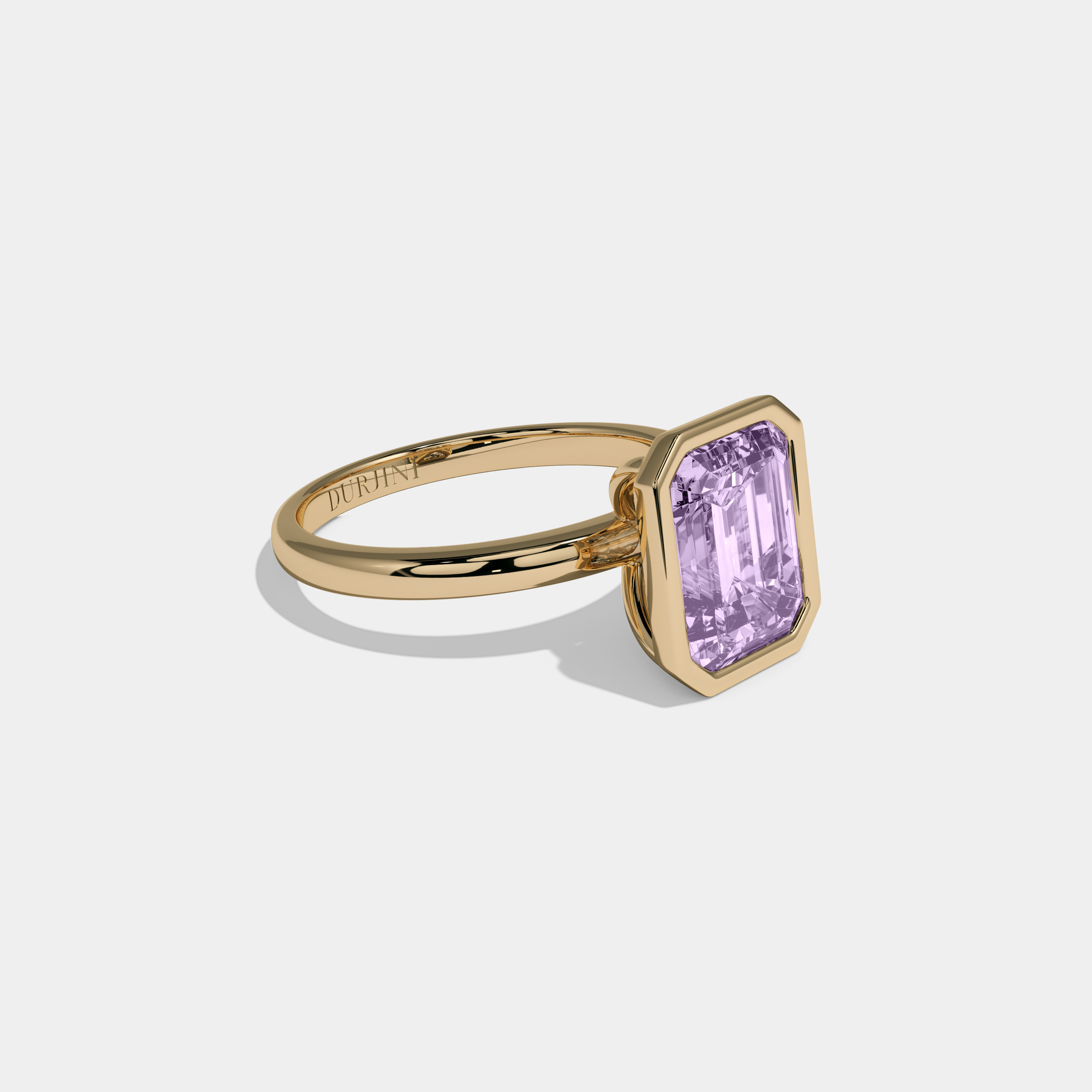 Catherine Fancy Purple Emerald Cut Diamond Plain Band Bezel Engagement Ring 5ct 18K Yellow Gold