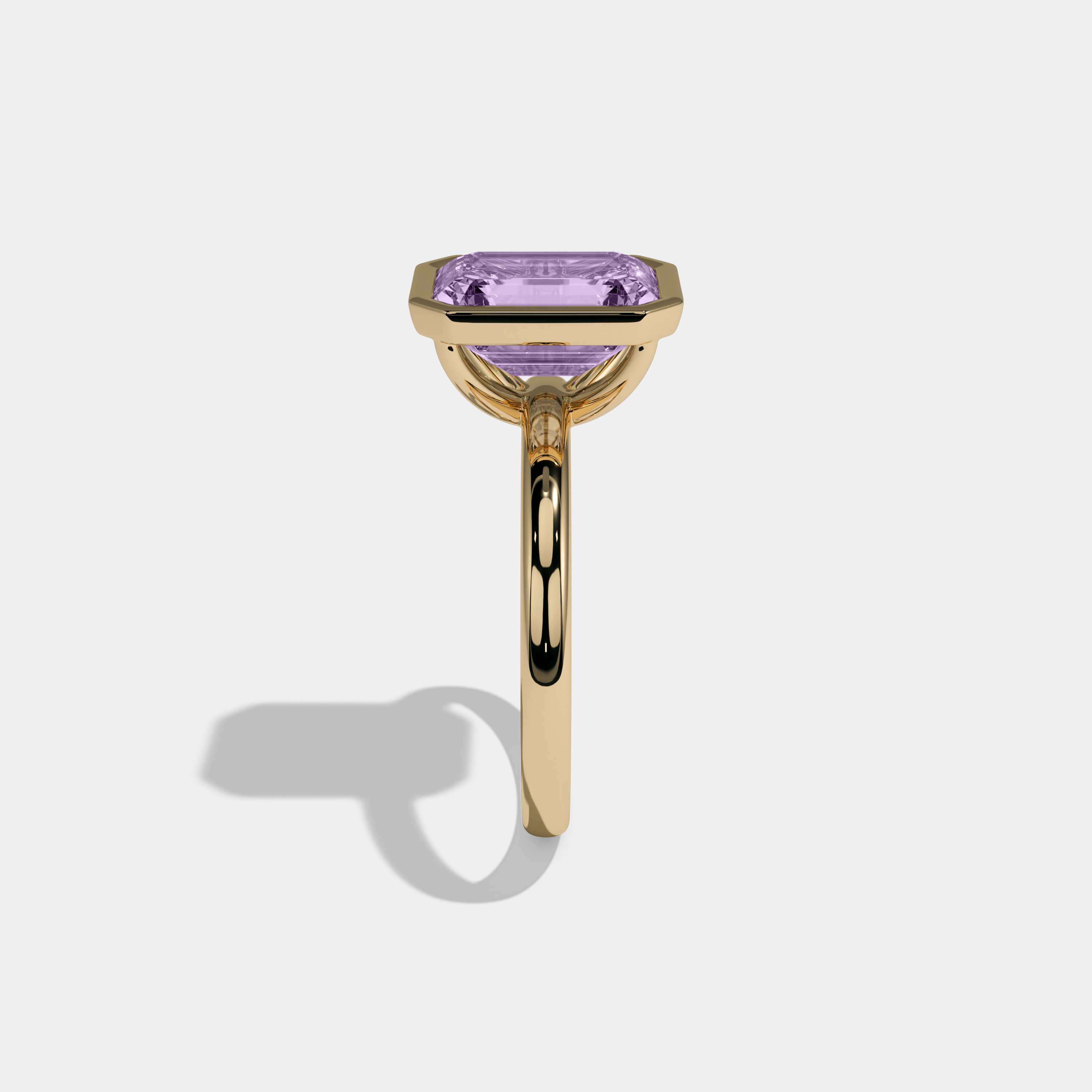 Catherine Fancy Purple Emerald Cut Diamond Plain Band Bezel Engagement Ring 5ct 18K Yellow Gold