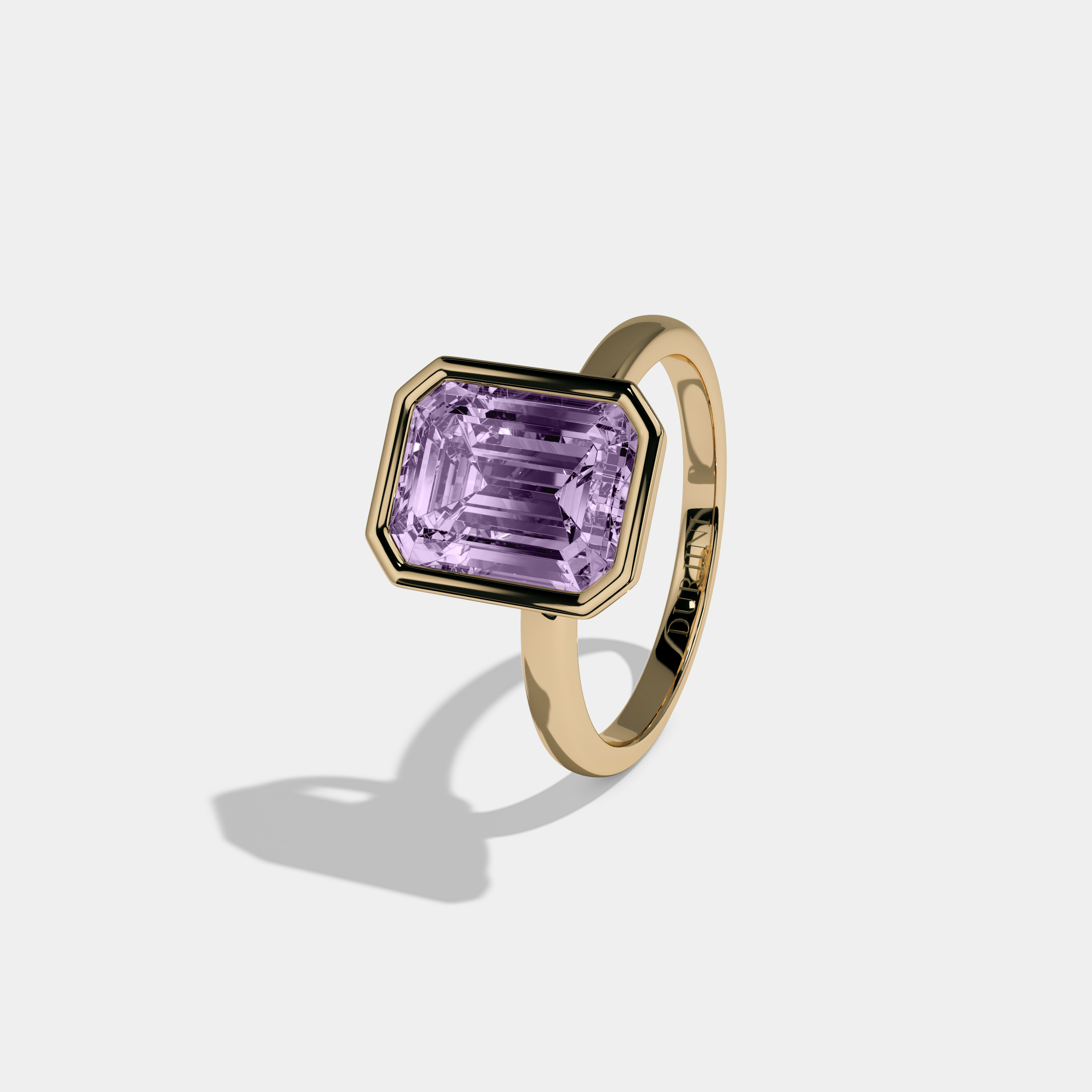 Catherine Fancy Purple Emerald Cut Diamond Plain Band Bezel Engagement Ring 5ct 18K Yellow Gold