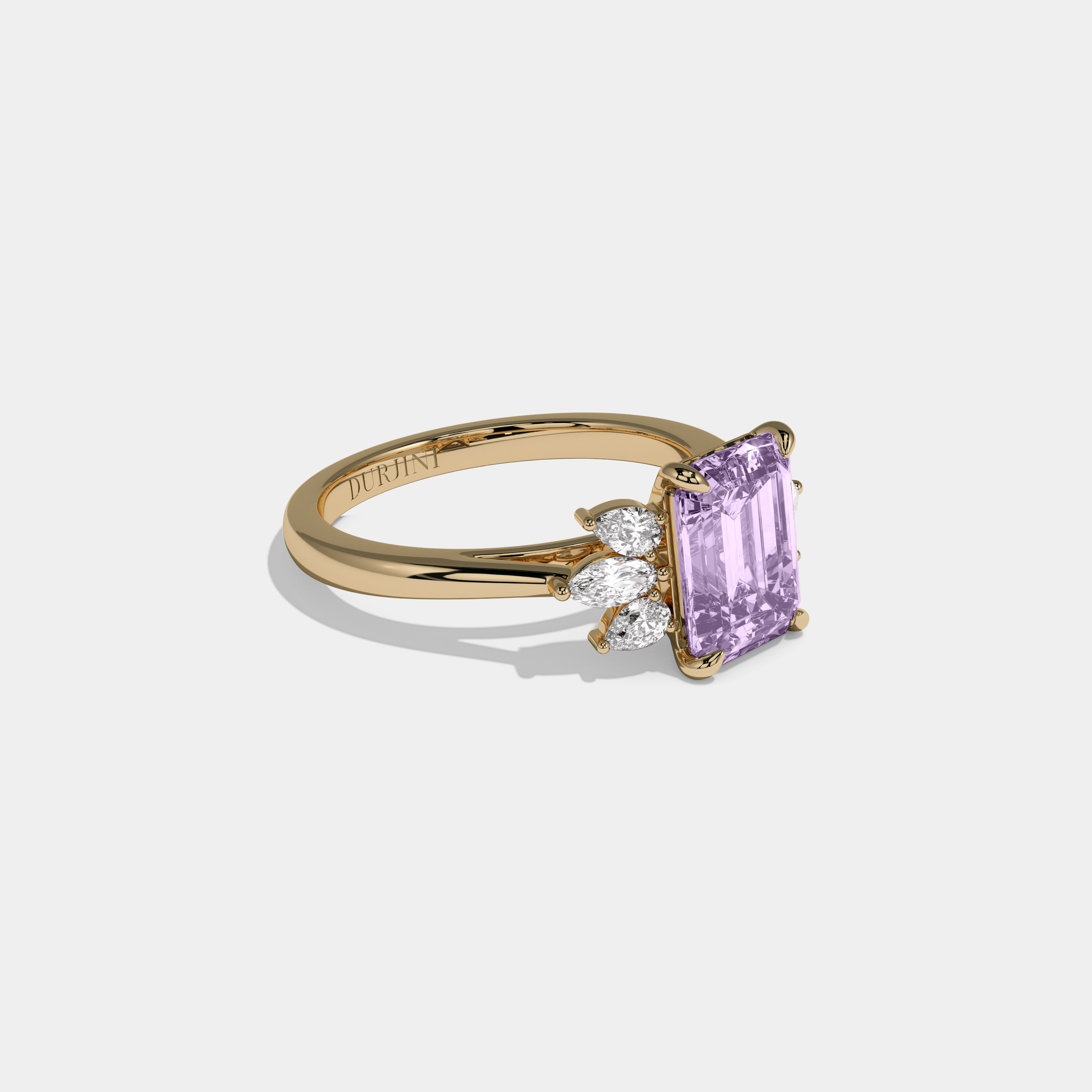 Diana Fancy Purple Emerald Cut Diamond Plain Band With Marquise Cut Sides Engagement Ring 6ct 18K Yellow Gold