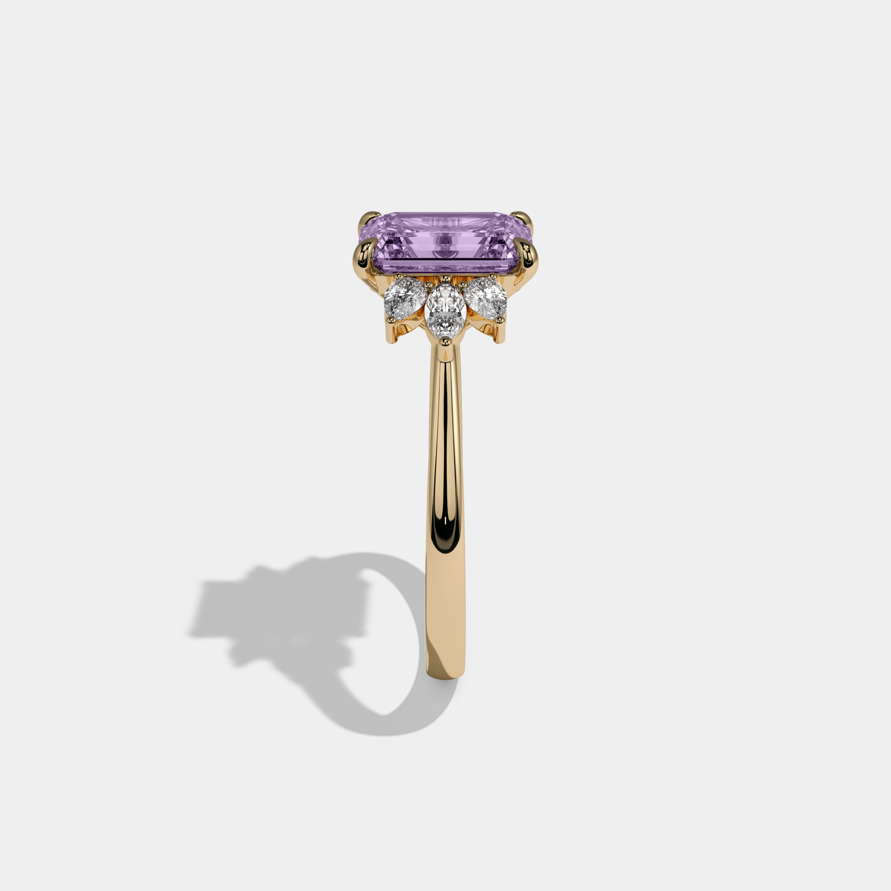 Diana Fancy Purple Emerald Cut Diamond Plain Band With Marquise Cut Sides Engagement Ring 6ct 18K Yellow Gold