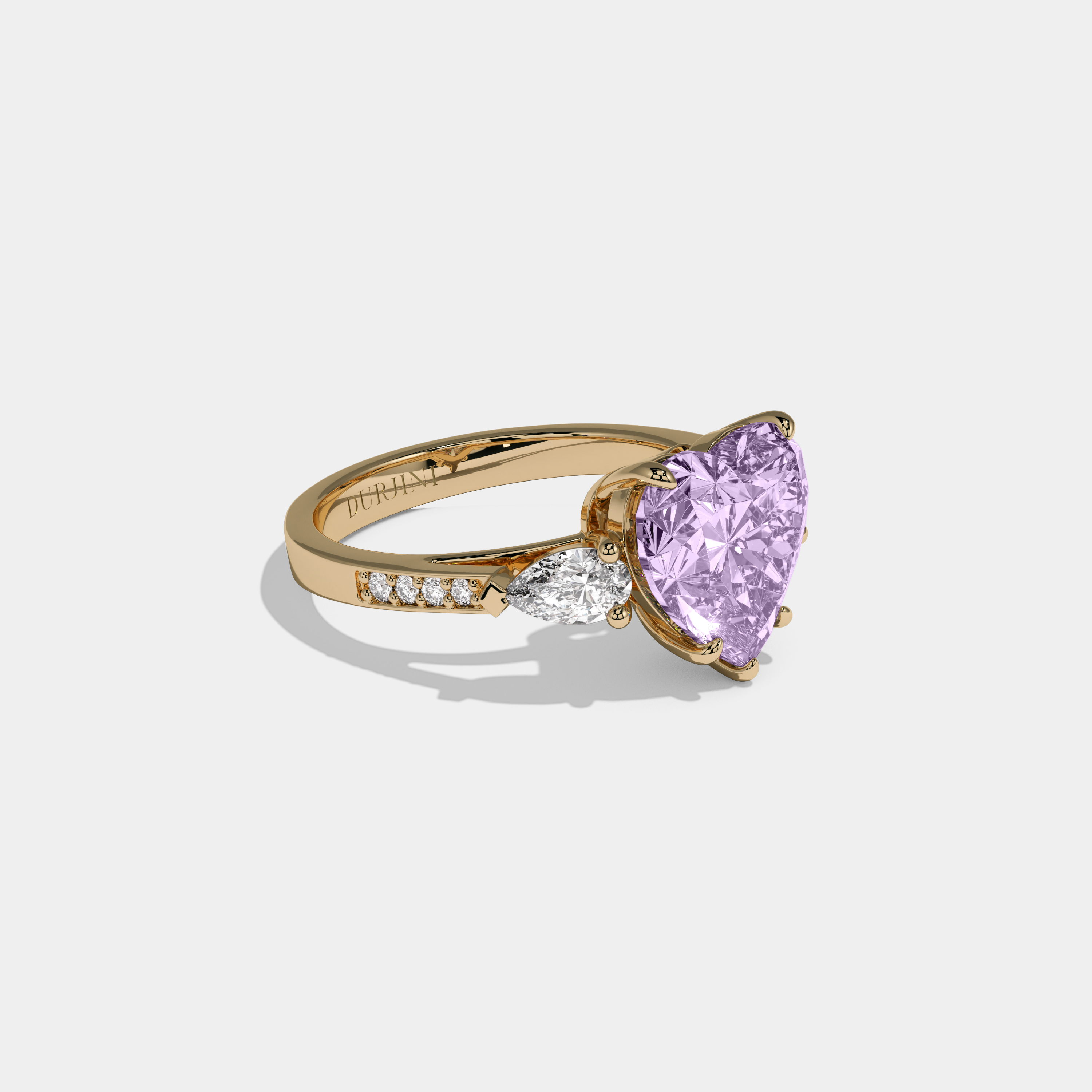 Eugenie Fancy Purple Heart Brilliant Cut Diamond Band With Pear Sides Engagement Ring 7ct 18K Yellow Gold