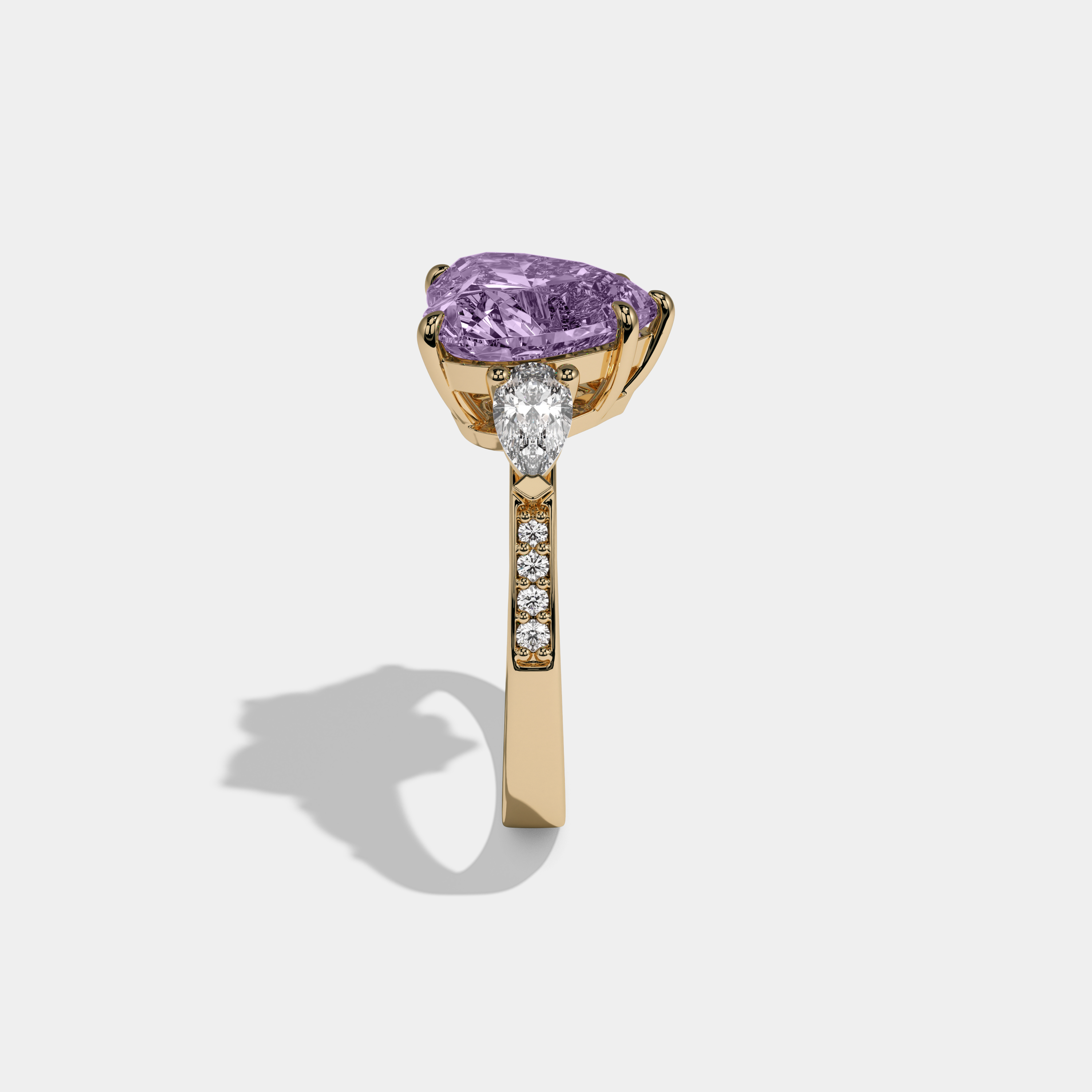 Eugenie Fancy Purple Heart Brilliant Cut Diamond Band With Pear Sides Engagement Ring 7ct 18K Yellow Gold