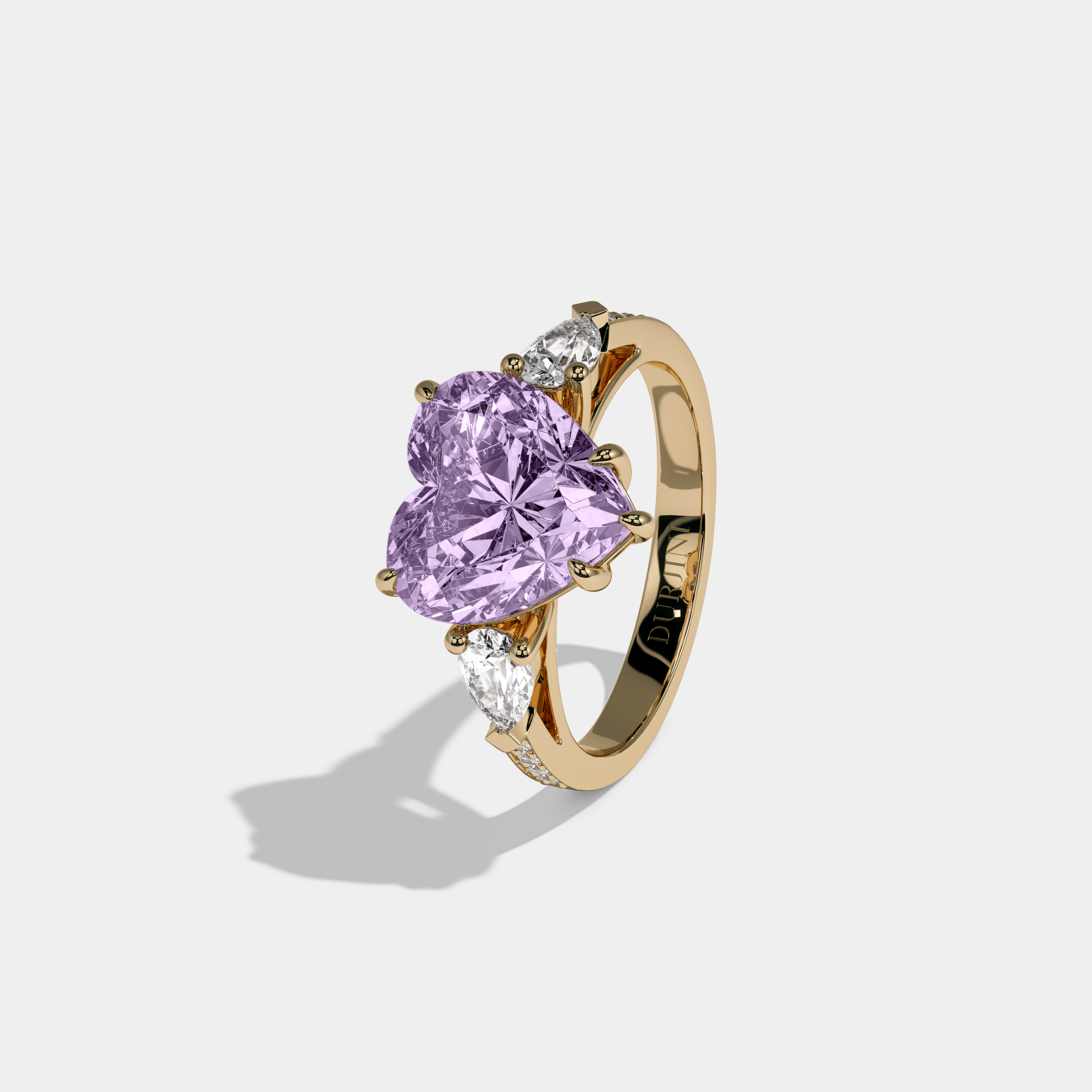 Eugenie Fancy Purple Heart Brilliant Cut Diamond Band With Pear Sides Engagement Ring 7ct 18K Yellow Gold