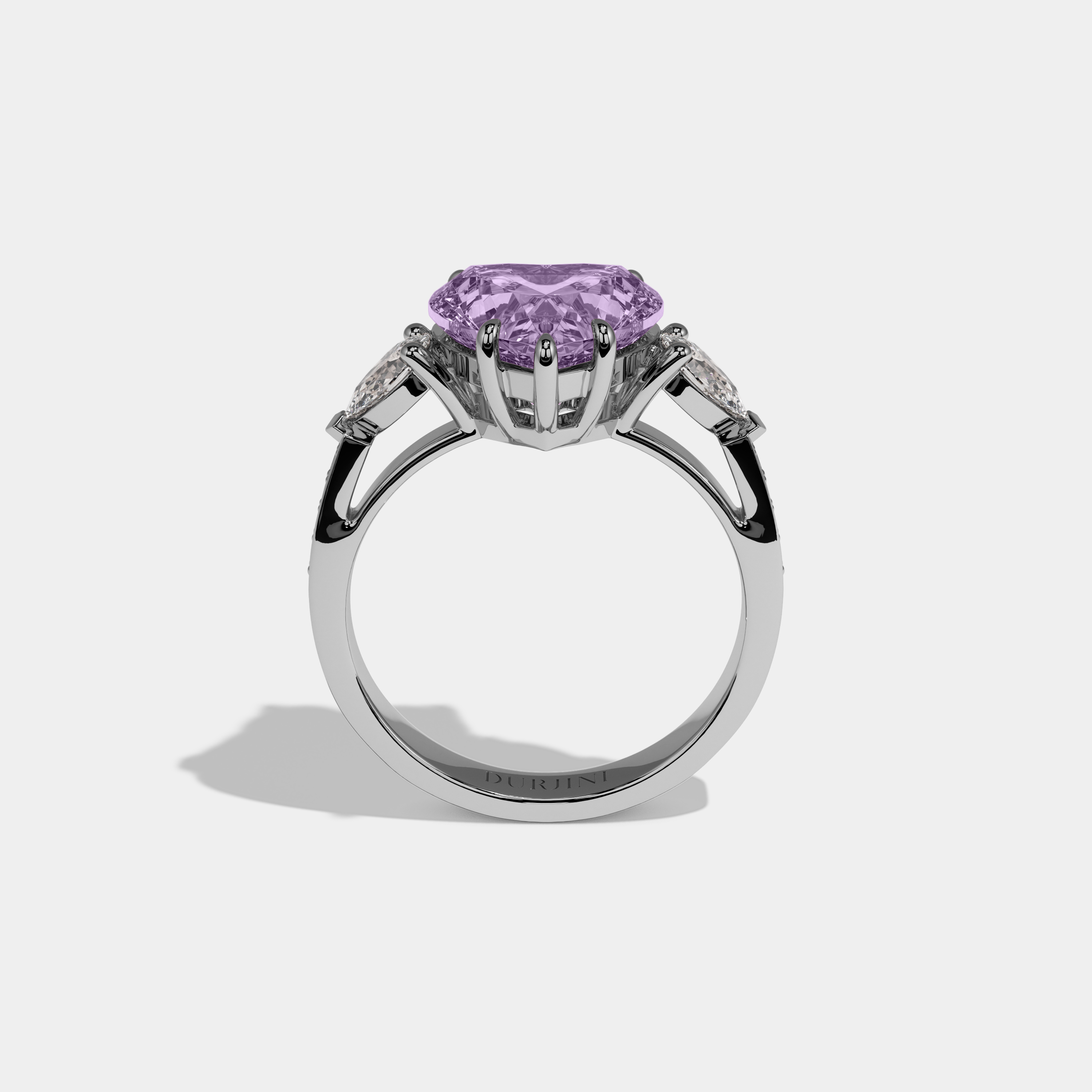 Matilda Fancy Purple Heart Brilliant Cut Diamond Band With Pear Sides Engagement Ring 7ct 18K White Gold