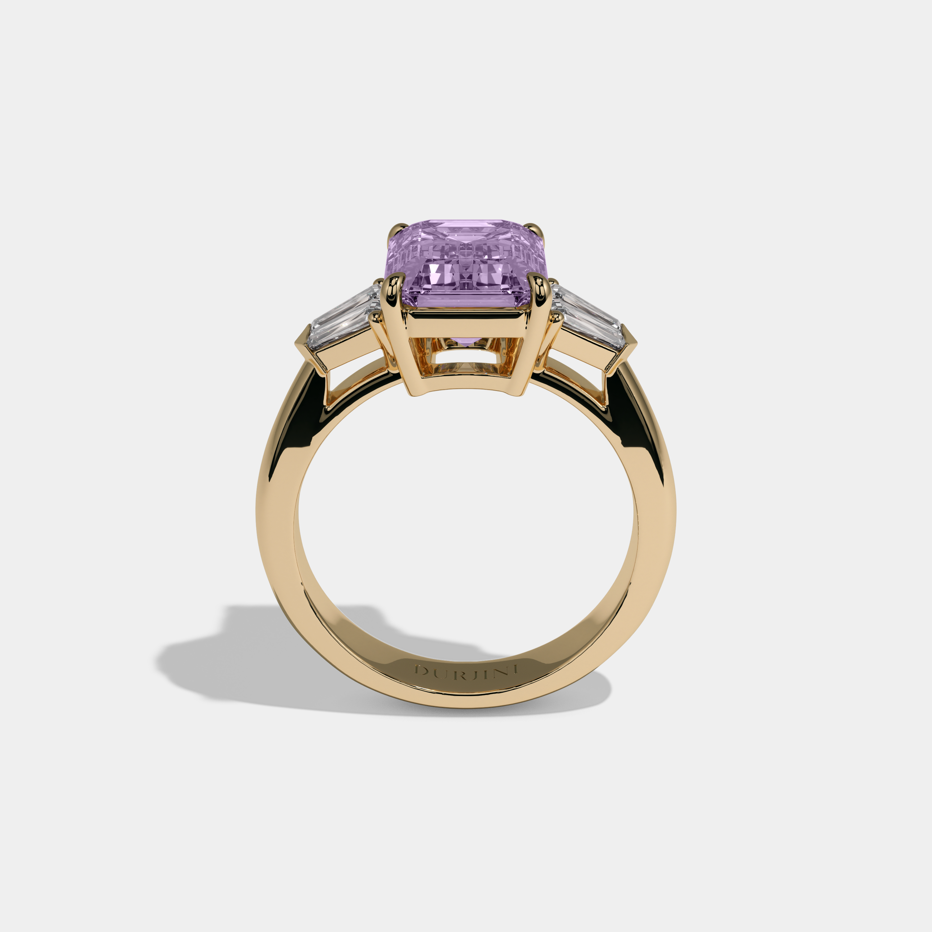 Eugenie Fancy Purple Emerald Cut Diamond Plain Band With Baguette Sides Engagement Ring 6ct 18K Yellow Gold