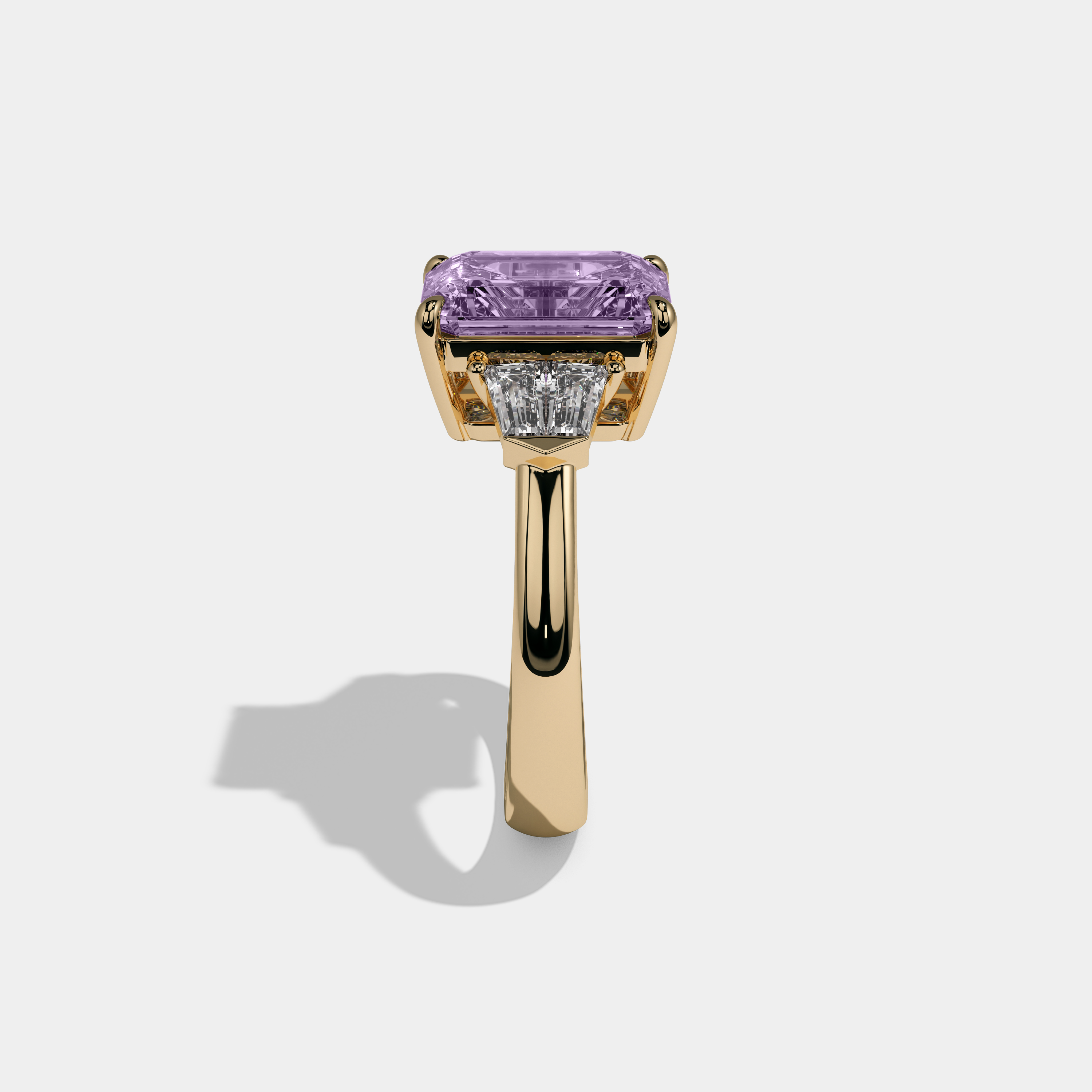 Eugenie Fancy Purple Emerald Cut Diamond Plain Band With Baguette Sides Engagement Ring 6ct 18K Yellow Gold
