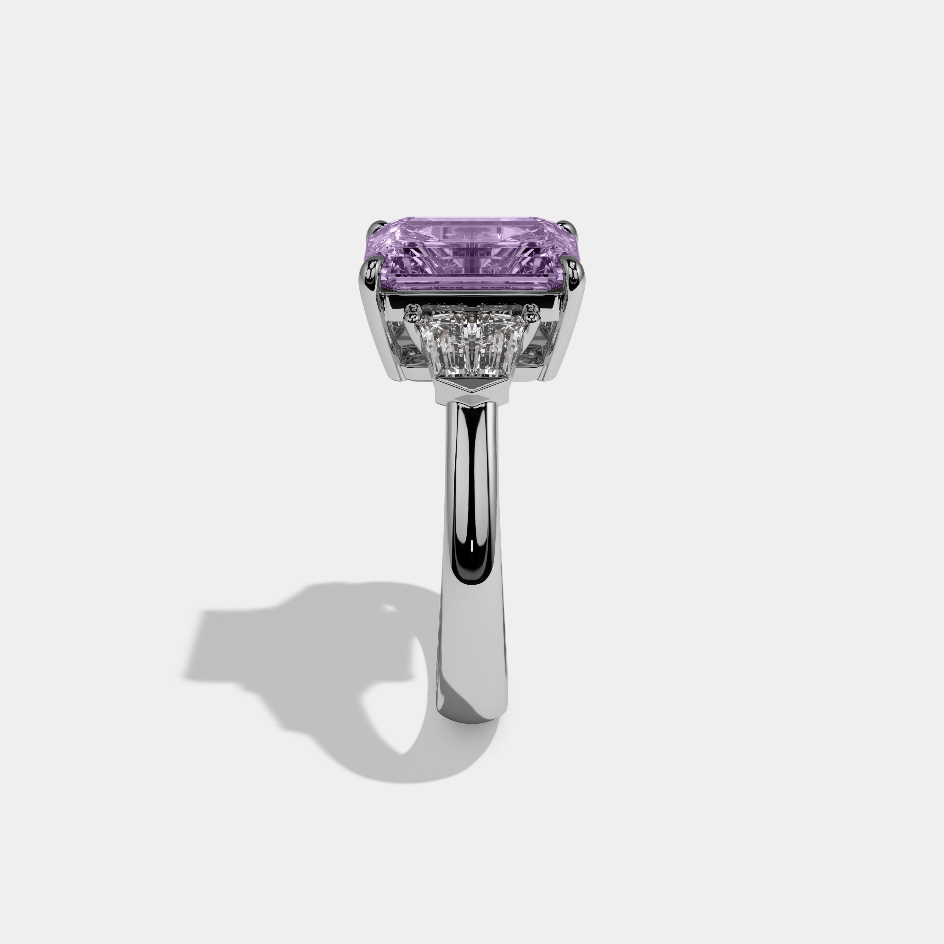 Matilda Fancy Purple Emerald Cut Diamond Plain Band With Baguette Sides Engagement Ring 6ct 18K White Gold