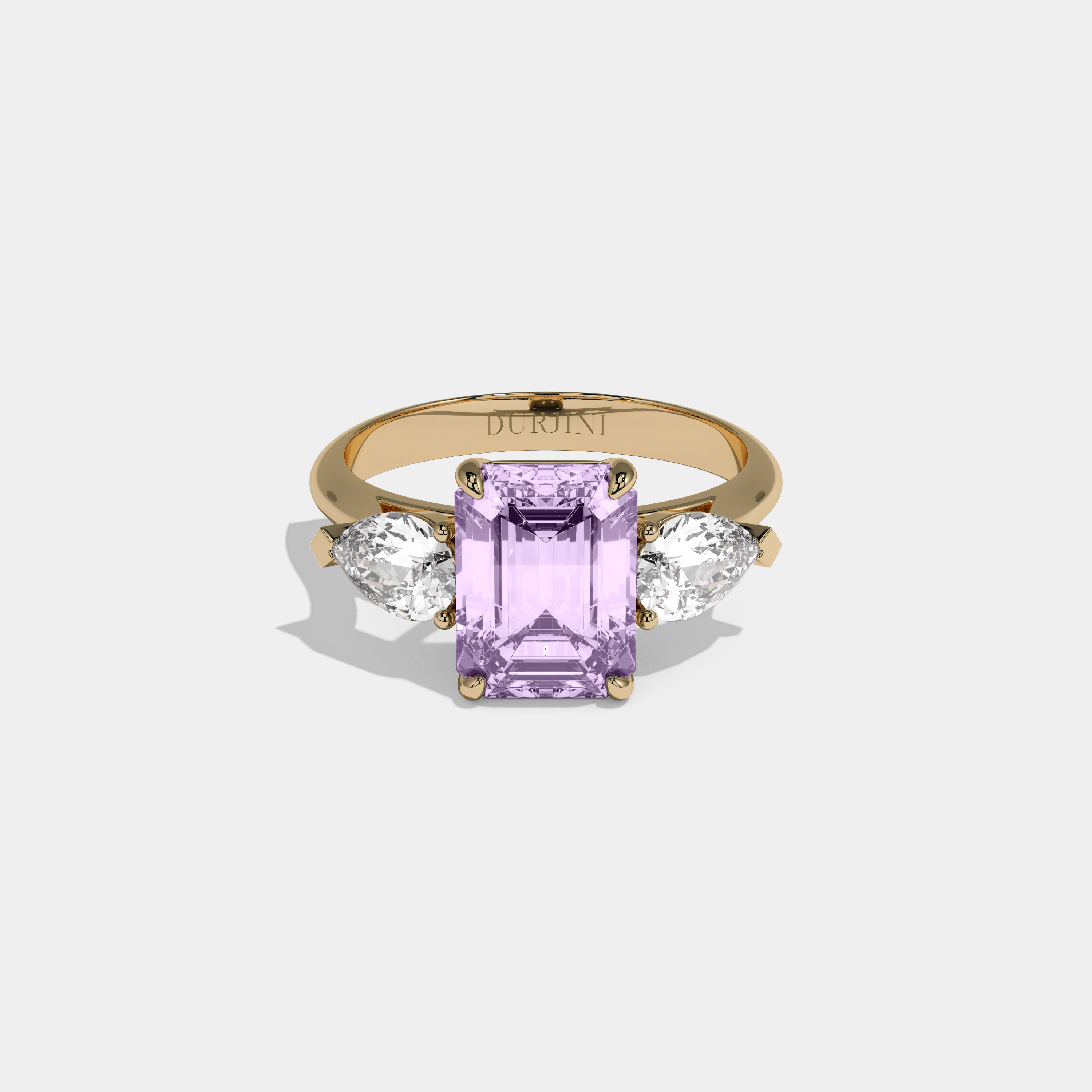 Rosalind Fancy Purple Emerald Cut Diamond Plain Band With Pear Cut Sides Engagement Ring 6ct 18K Yellow Gold