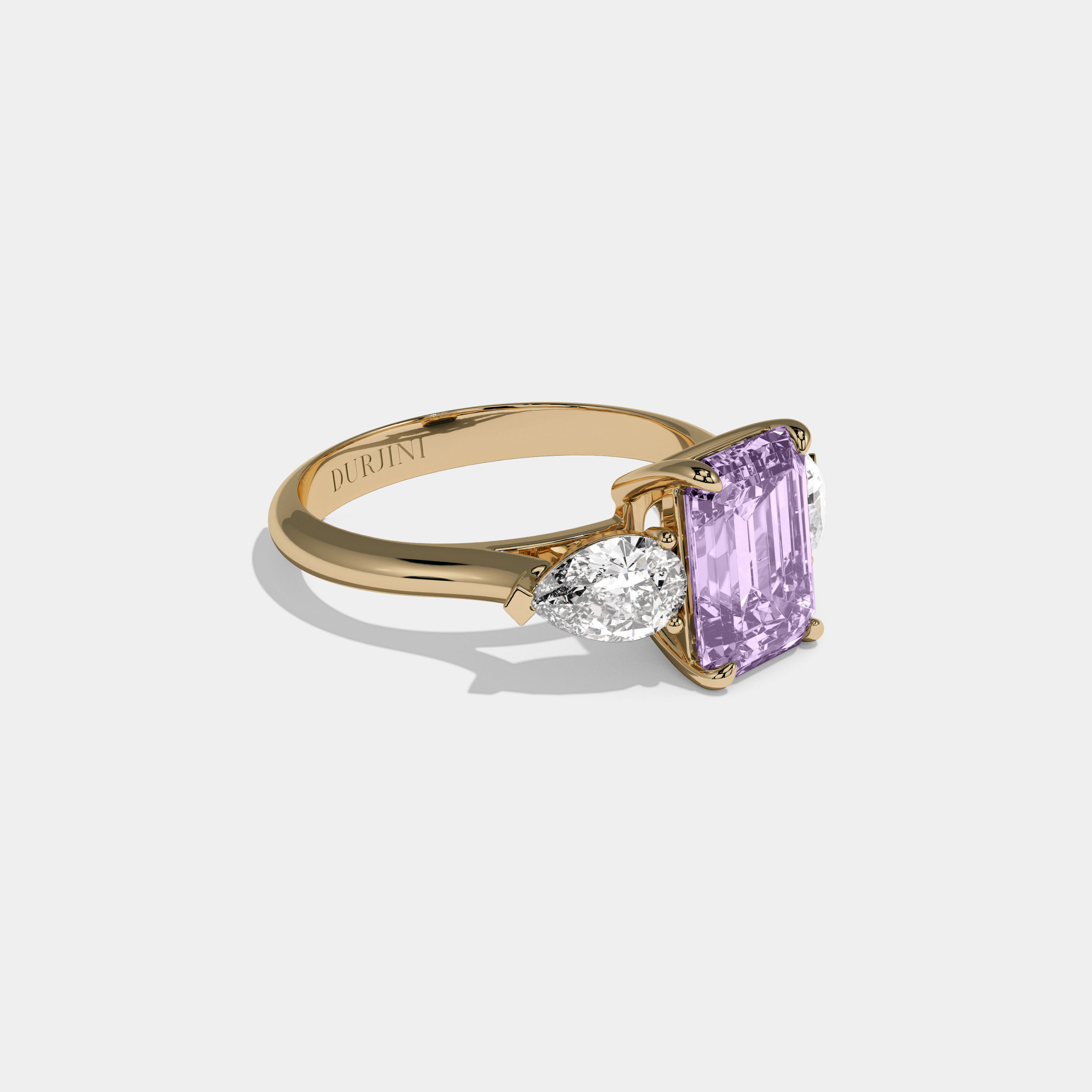 Rosalind Fancy Purple Emerald Cut Diamond Plain Band With Pear Cut Sides Engagement Ring 6ct 18K Yellow Gold