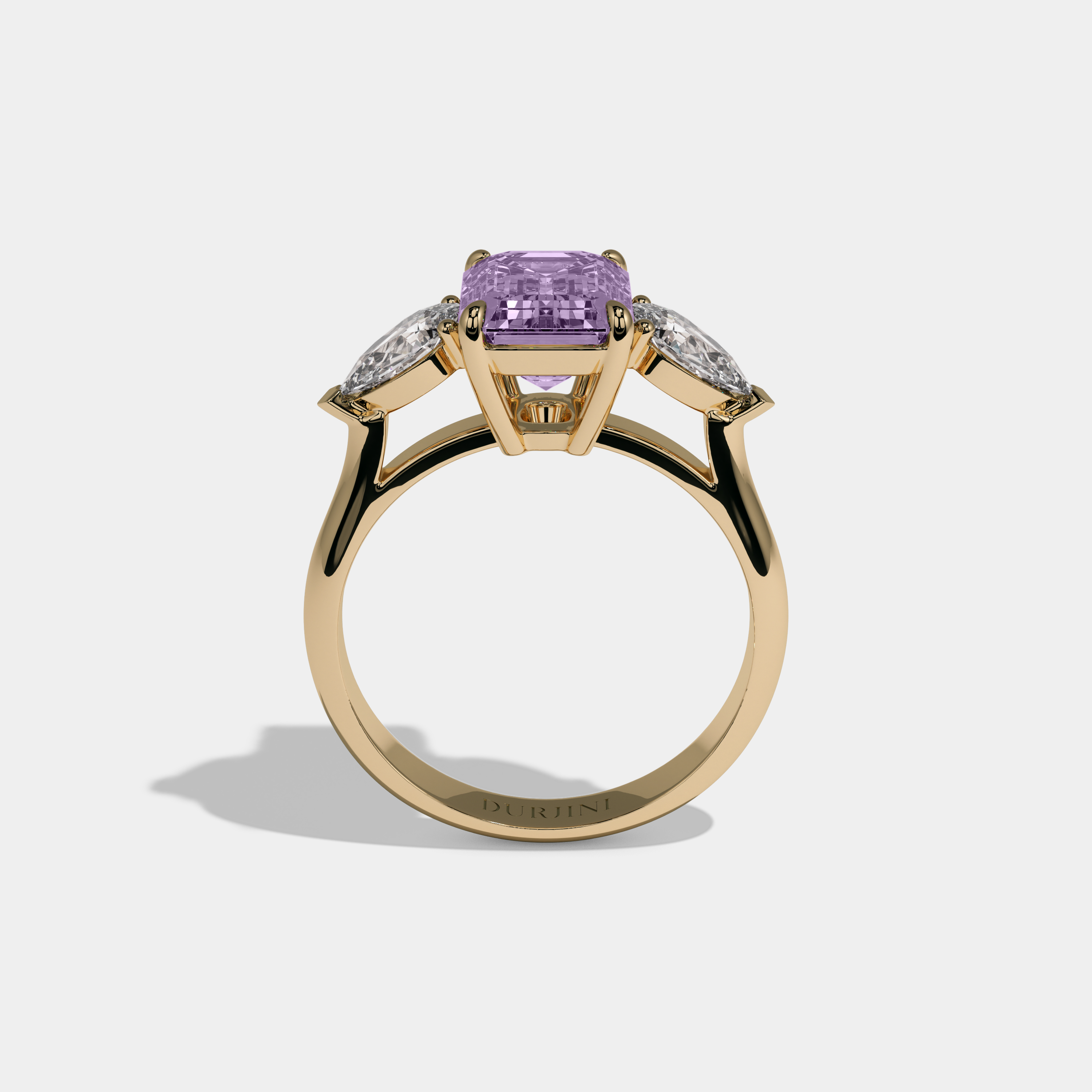 Rosalind Fancy Purple Emerald Cut Diamond Plain Band With Pear Cut Sides Engagement Ring 6ct 18K Yellow Gold