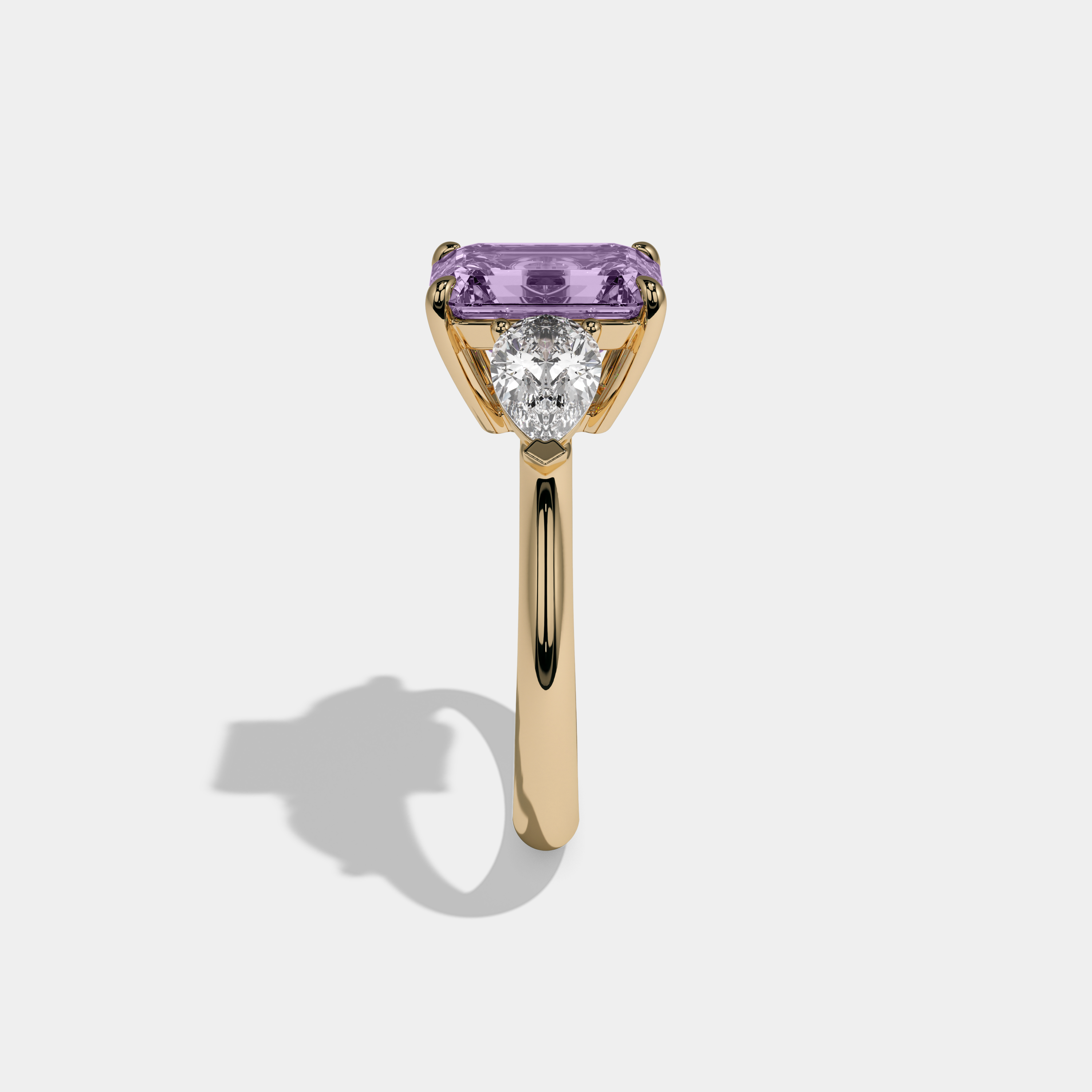 Rosalind Fancy Purple Emerald Cut Diamond Plain Band With Pear Cut Sides Engagement Ring 6ct 18K Yellow Gold