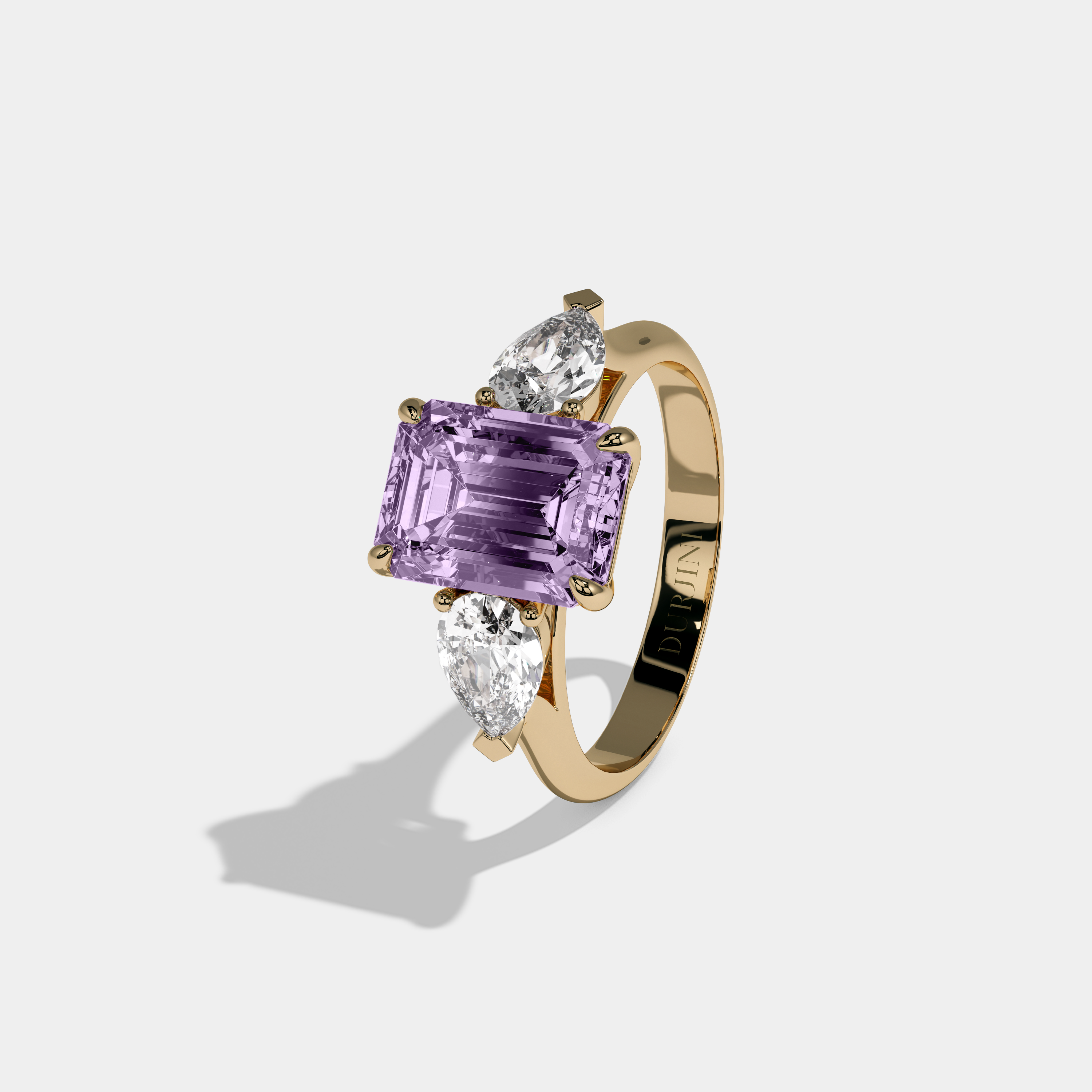 Rosalind Fancy Purple Emerald Cut Diamond Plain Band With Pear Cut Sides Engagement Ring 6ct 18K Yellow Gold