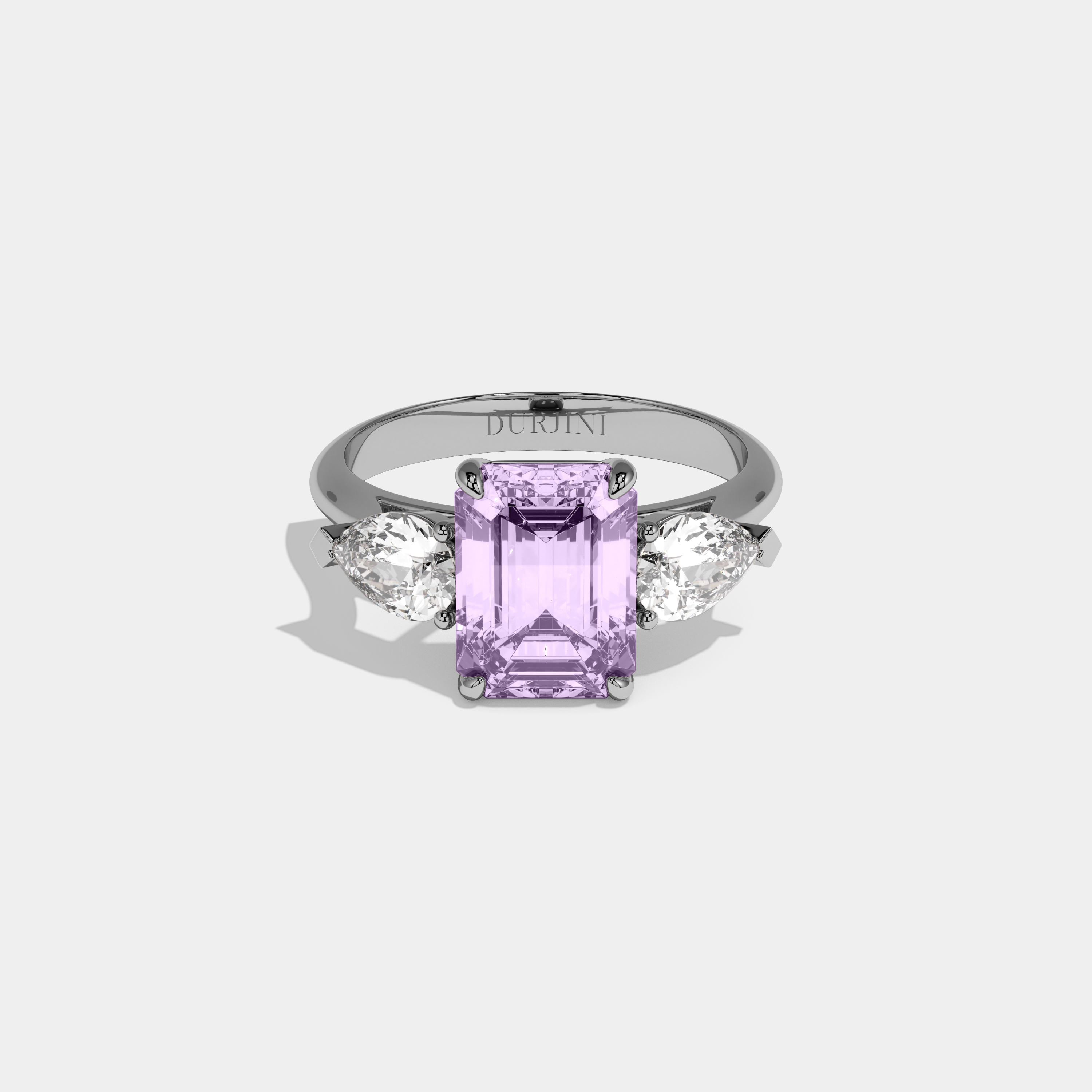 Vivienne Fancy Purple Emerald Cut Diamond Plain Band With Pear Cut Sides Engagement Ring 6ct 18K White Gold