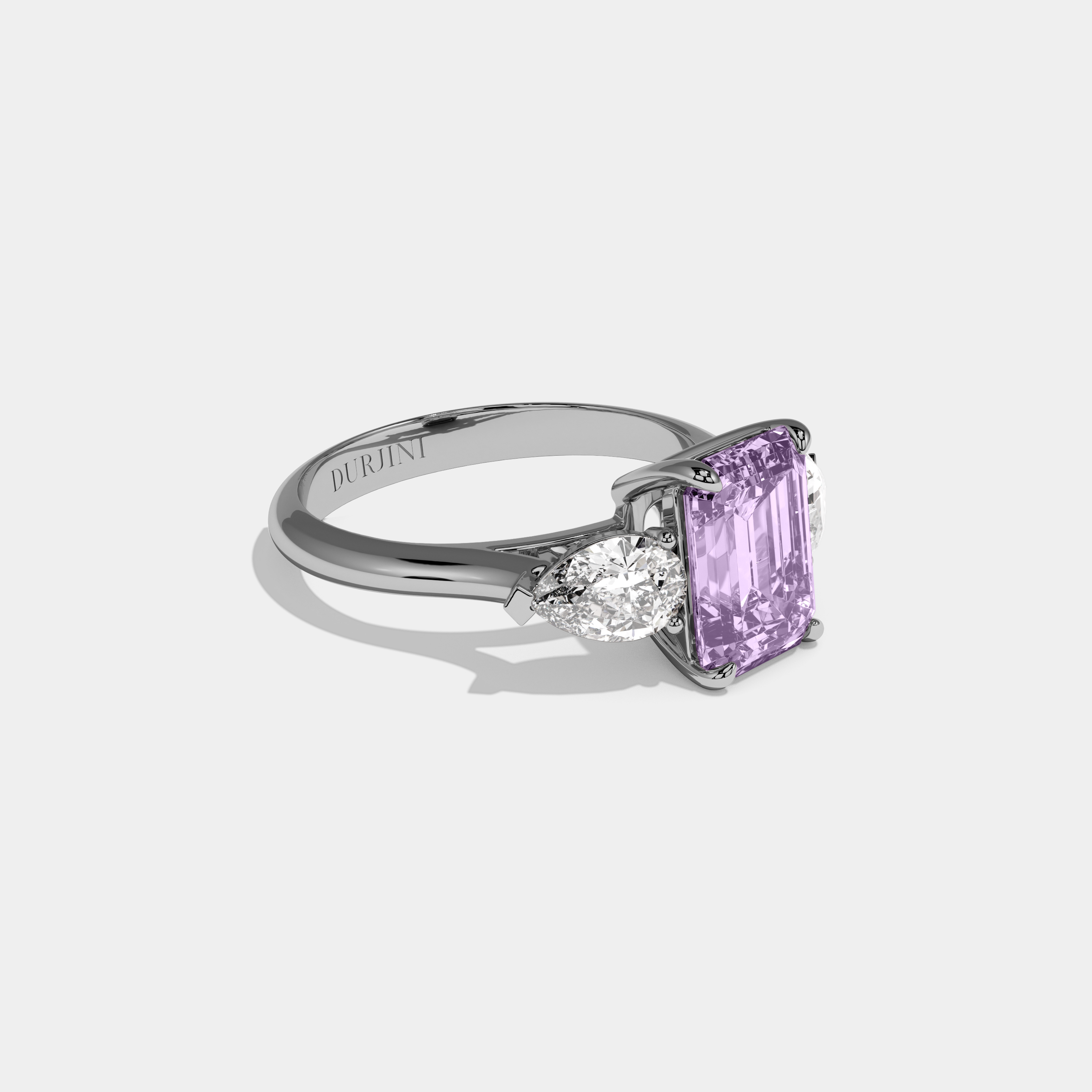 Vivienne Fancy Purple Emerald Cut Diamond Plain Band With Pear Cut Sides Engagement Ring 6ct 18K White Gold