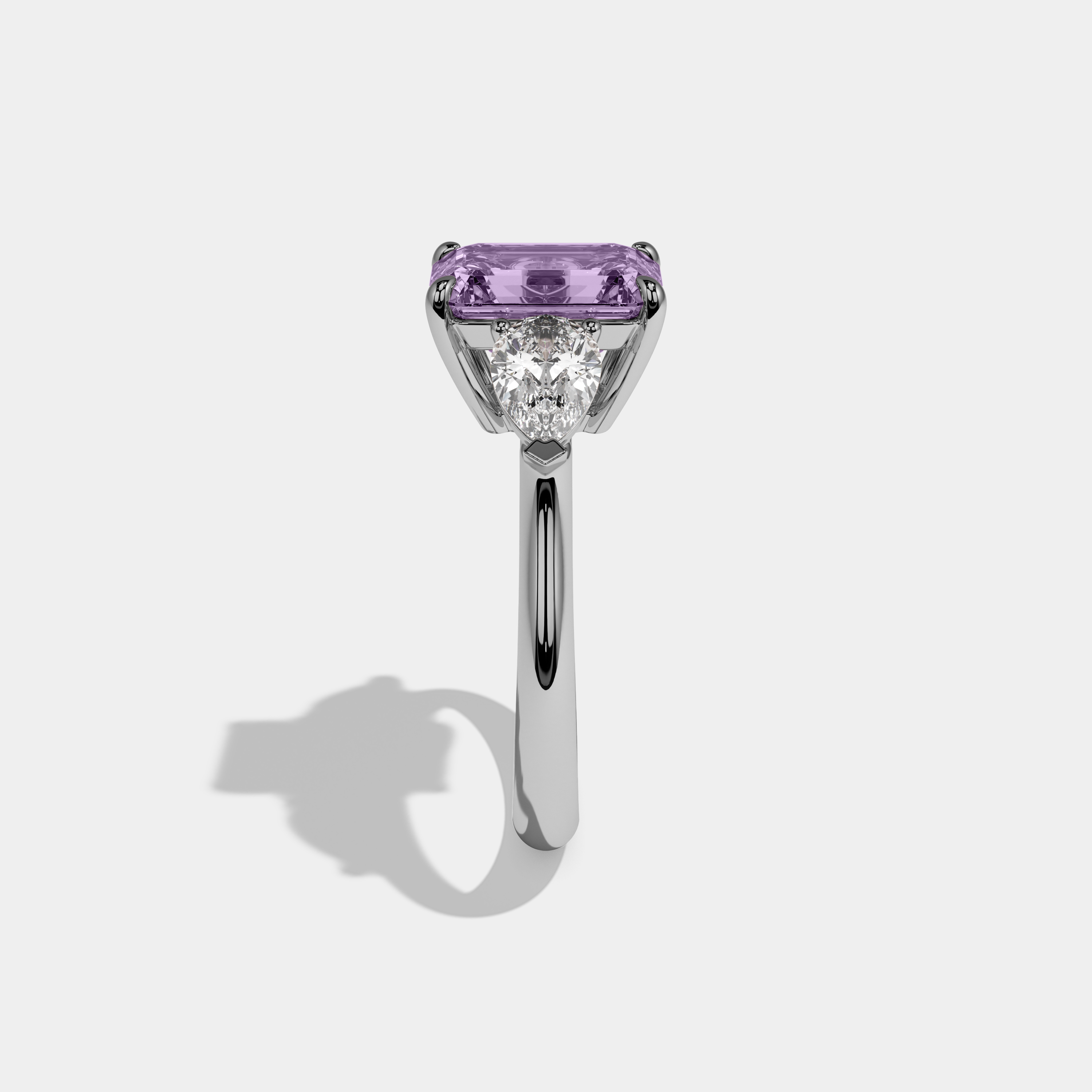 Vivienne Fancy Purple Emerald Cut Diamond Plain Band With Pear Cut Sides Engagement Ring 6ct 18K White Gold
