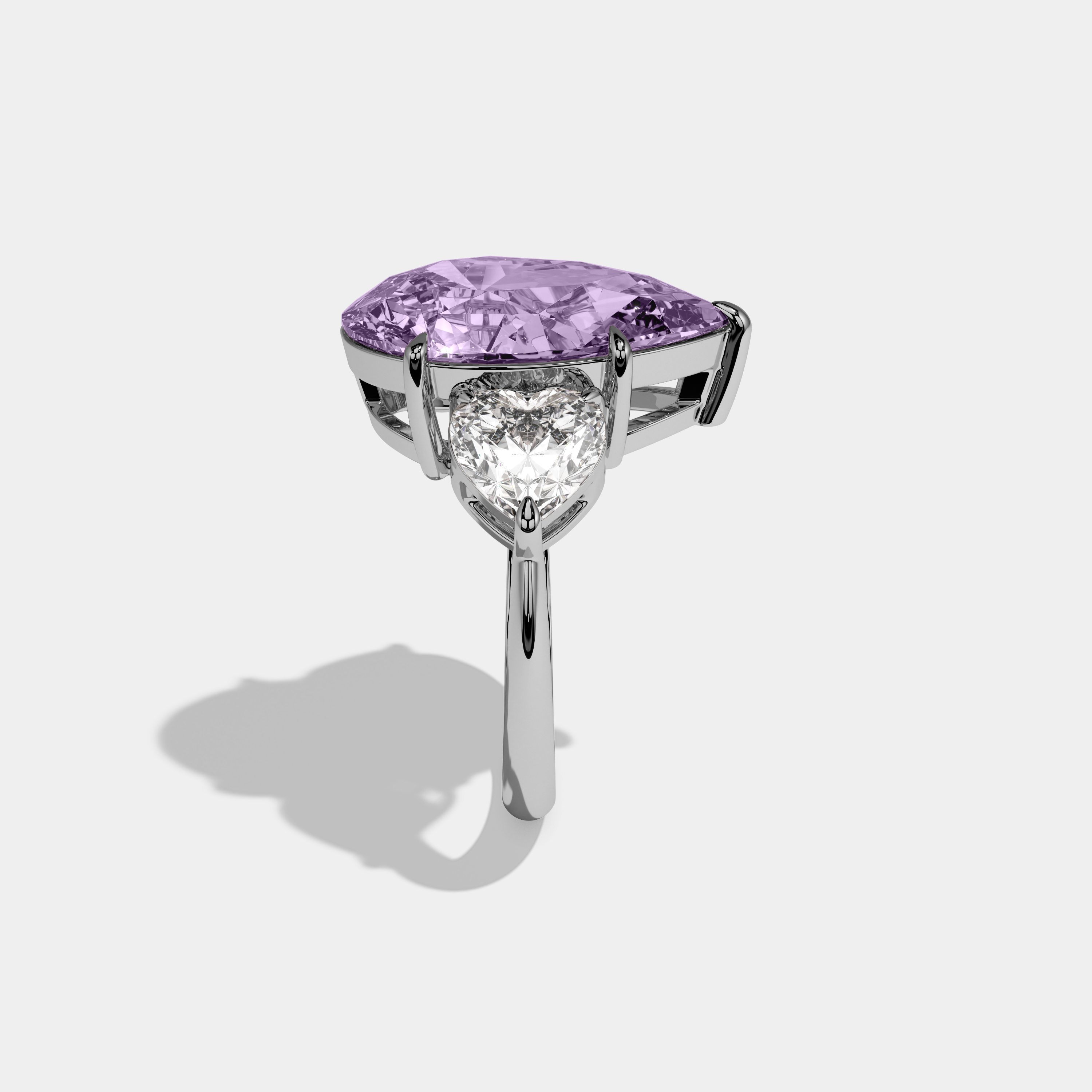 Alice Fancy Purple Pear Cut Diamond Plain Band With Heart Cut Sides Engagement Ring 6ct 18K White Gold