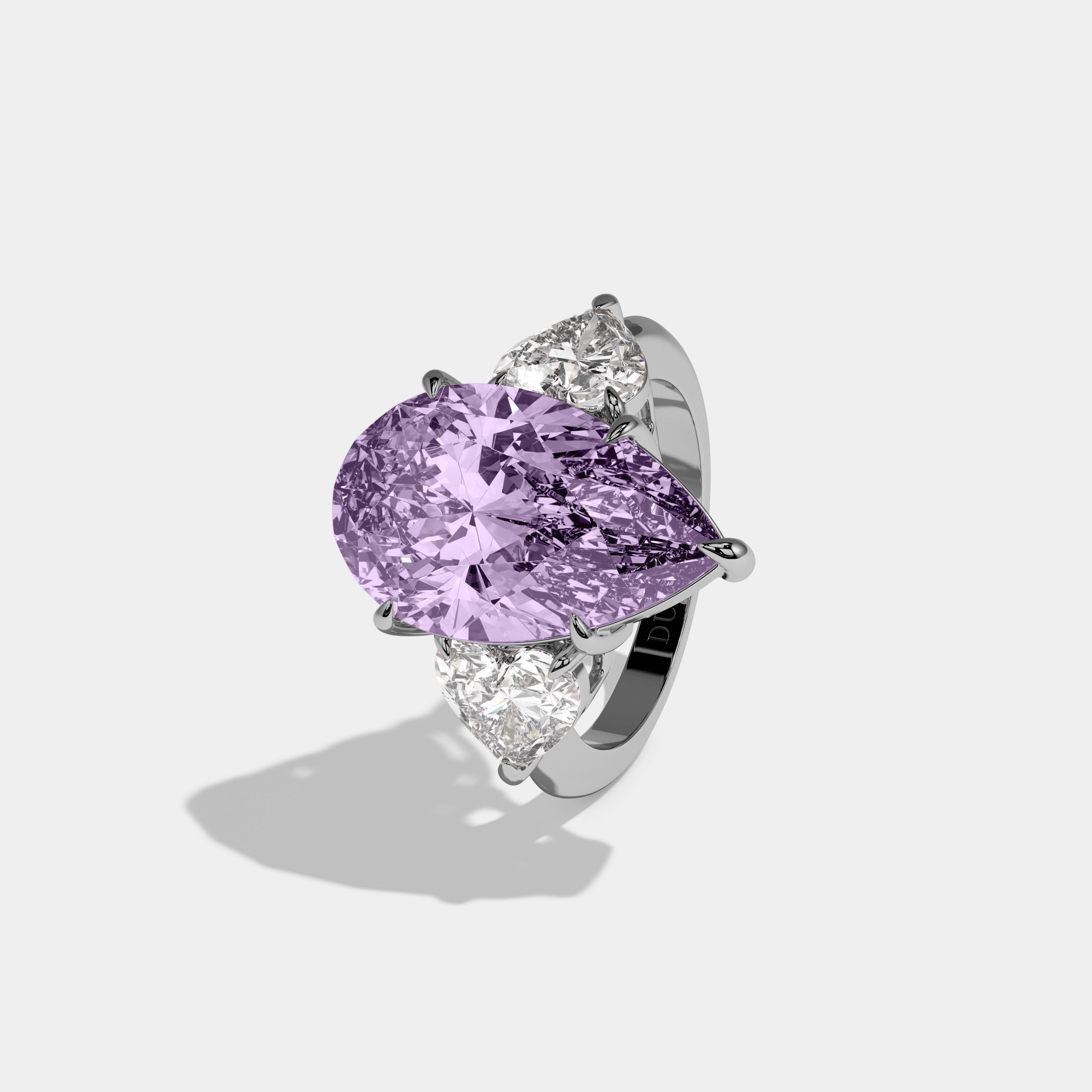 Alice Fancy Purple Pear Cut Diamond Plain Band With Heart Cut Sides Engagement Ring 6ct 18K White Gold