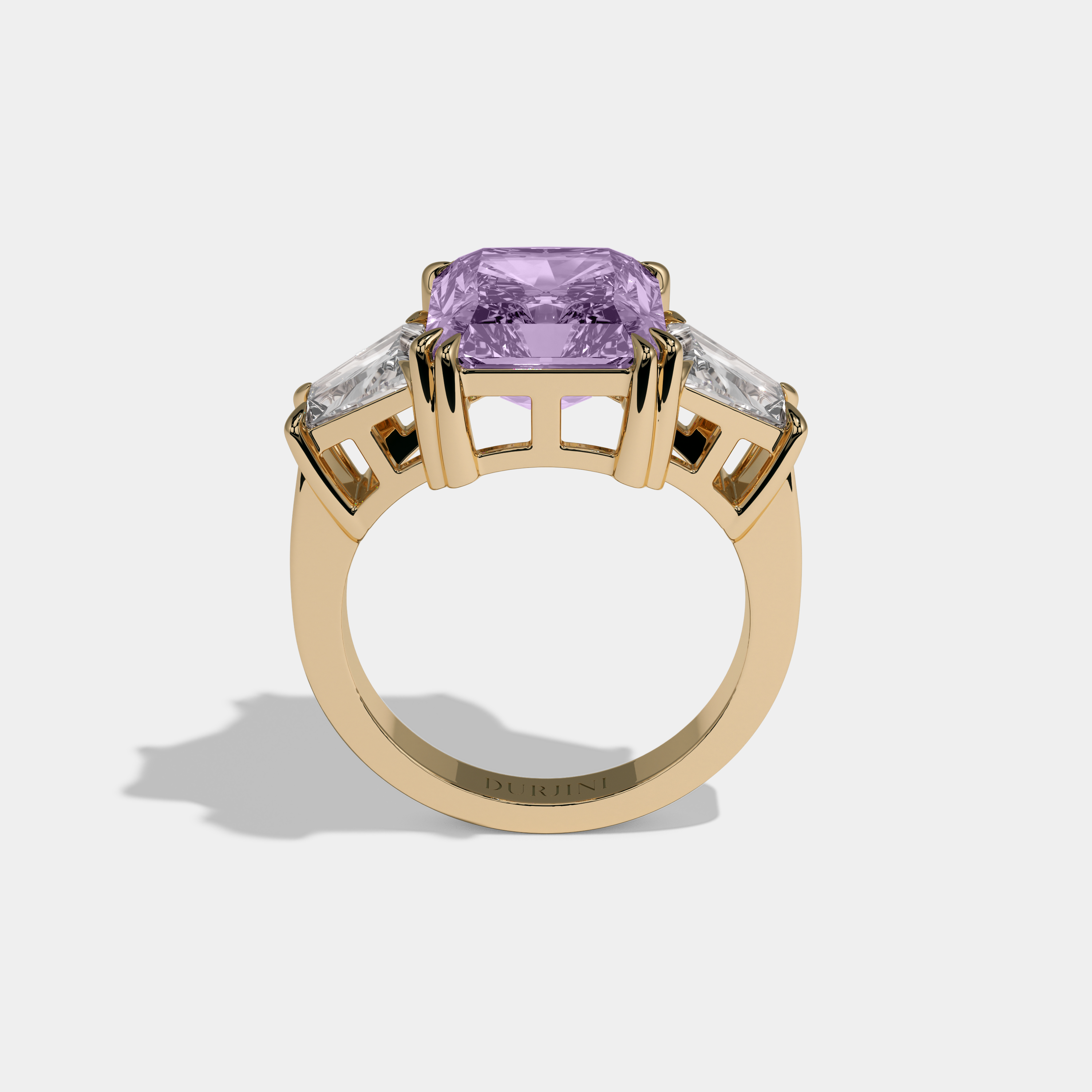 Elizabeth Fancy Purple Radiant Cut Diamond Plain Band With Trapezoid Sides Engagement Ring 7ct 18K Yellow Gold
