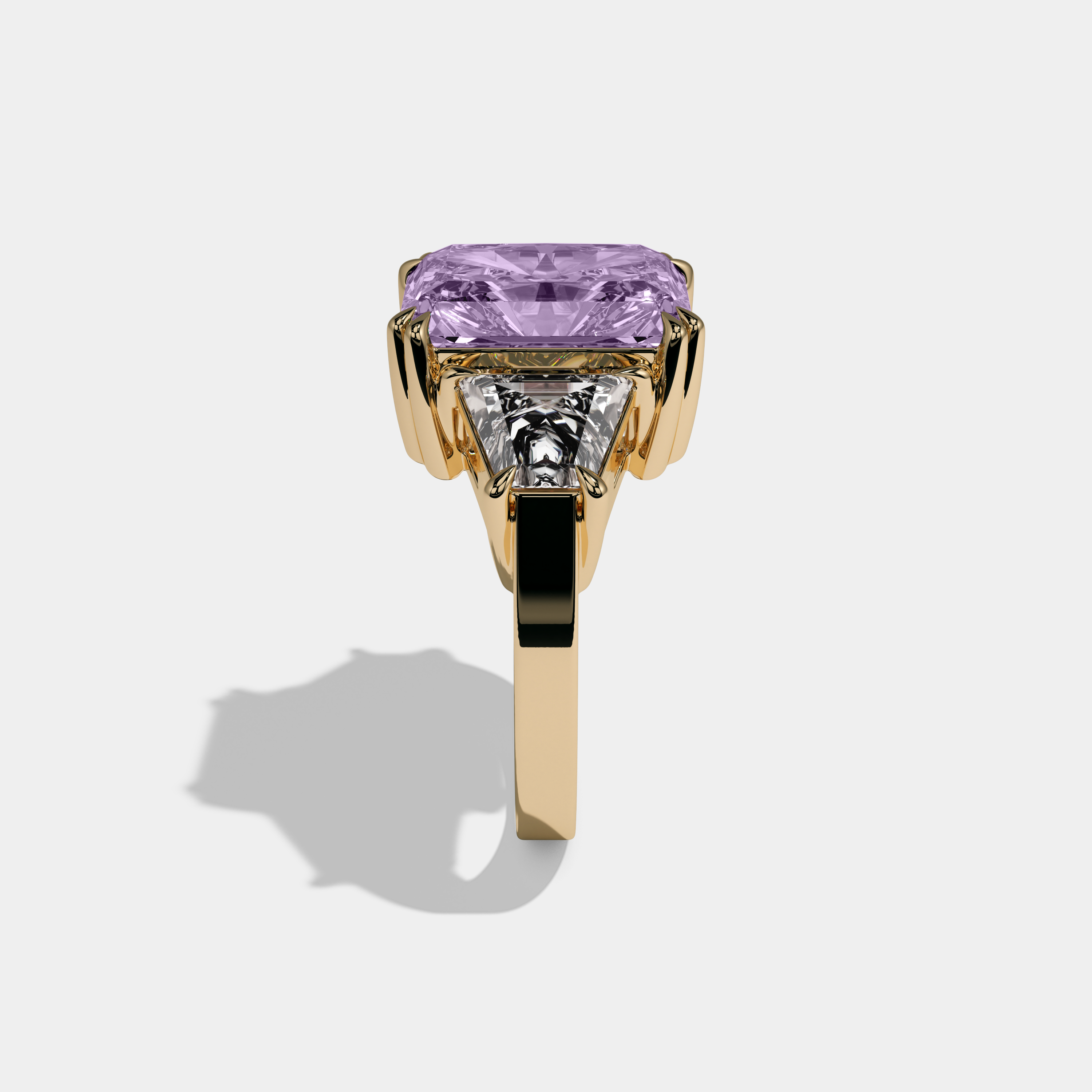 Elizabeth Fancy Purple Radiant Cut Diamond Plain Band With Trapezoid Sides Engagement Ring 7ct 18K Yellow Gold