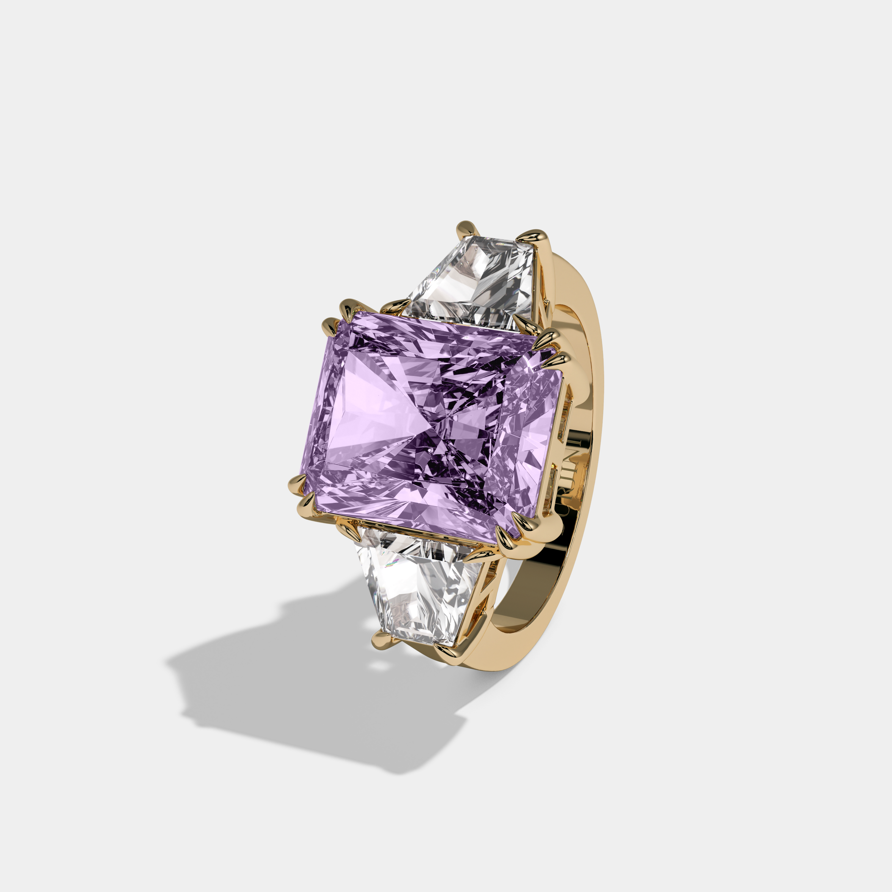 Elizabeth Fancy Purple Radiant Cut Diamond Plain Band With Trapezoid Sides Engagement Ring 7ct 18K Yellow Gold