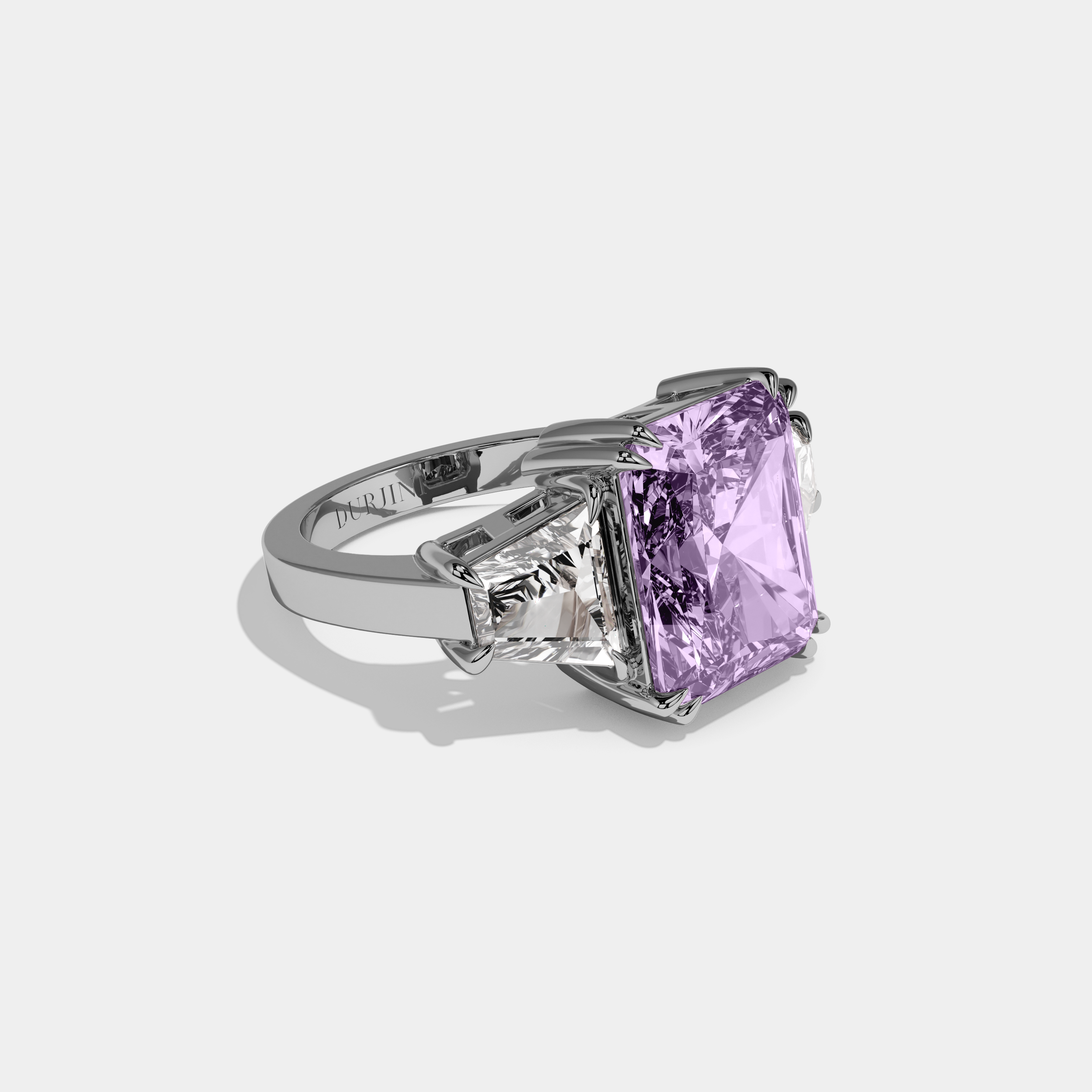 Victoria Fancy Purple Radiant Cut Diamond Plain Band With Trapezoid Sides Engagement Ring 7ct 18K White Gold