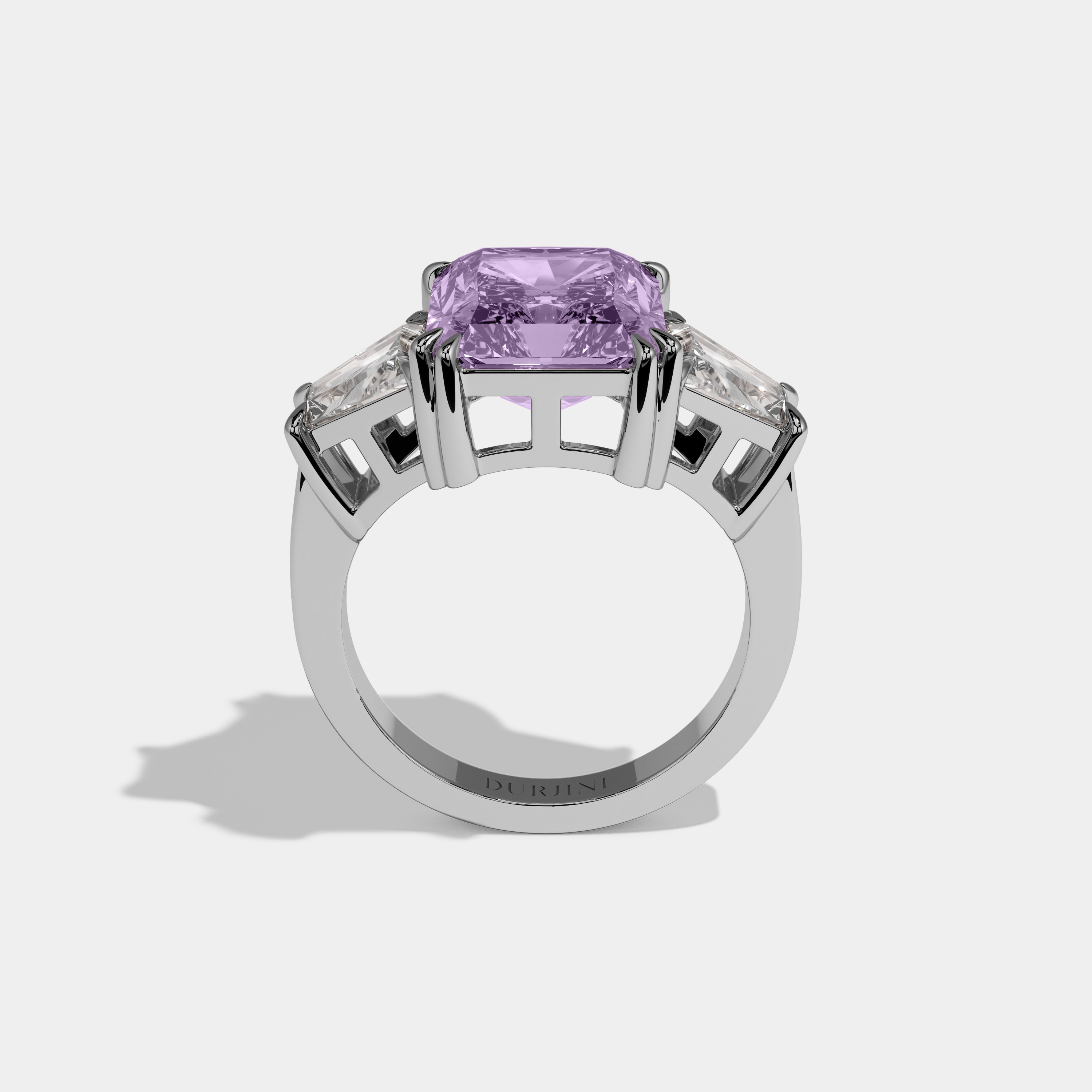 Victoria Fancy Purple Radiant Cut Diamond Plain Band With Trapezoid Sides Engagement Ring 7ct 18K White Gold