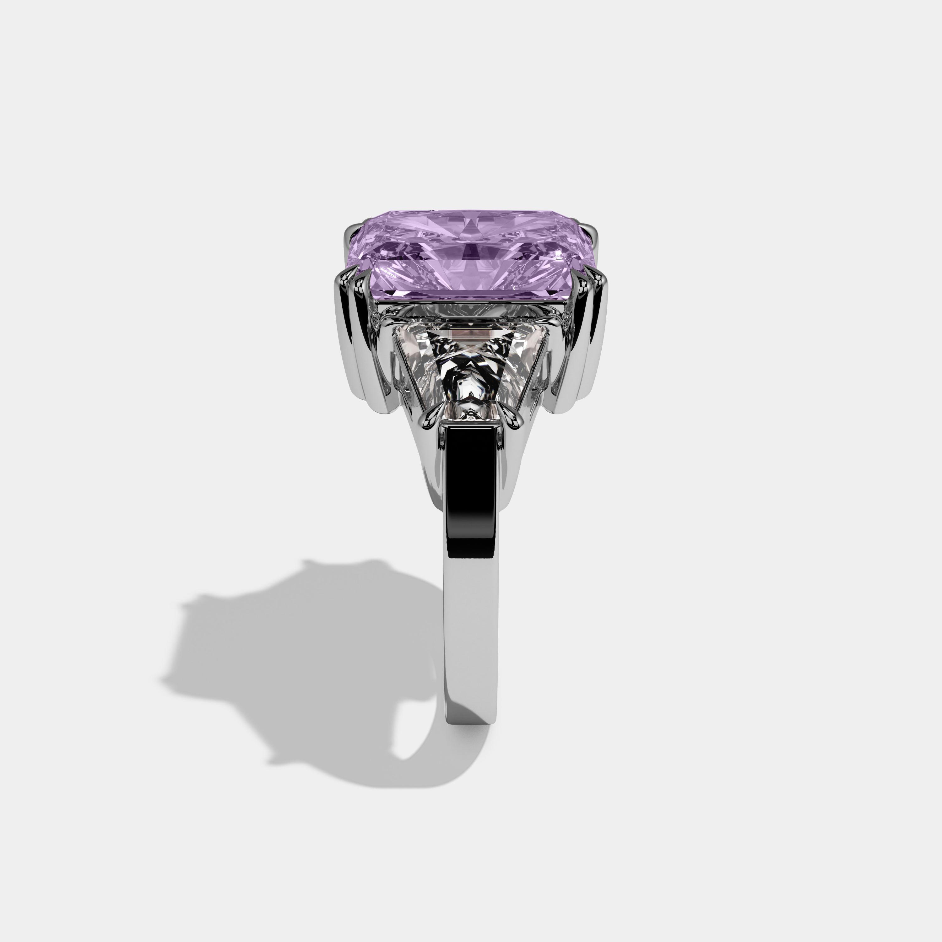 Victoria Fancy Purple Radiant Cut Diamond Plain Band With Trapezoid Sides Engagement Ring 7ct 18K White Gold