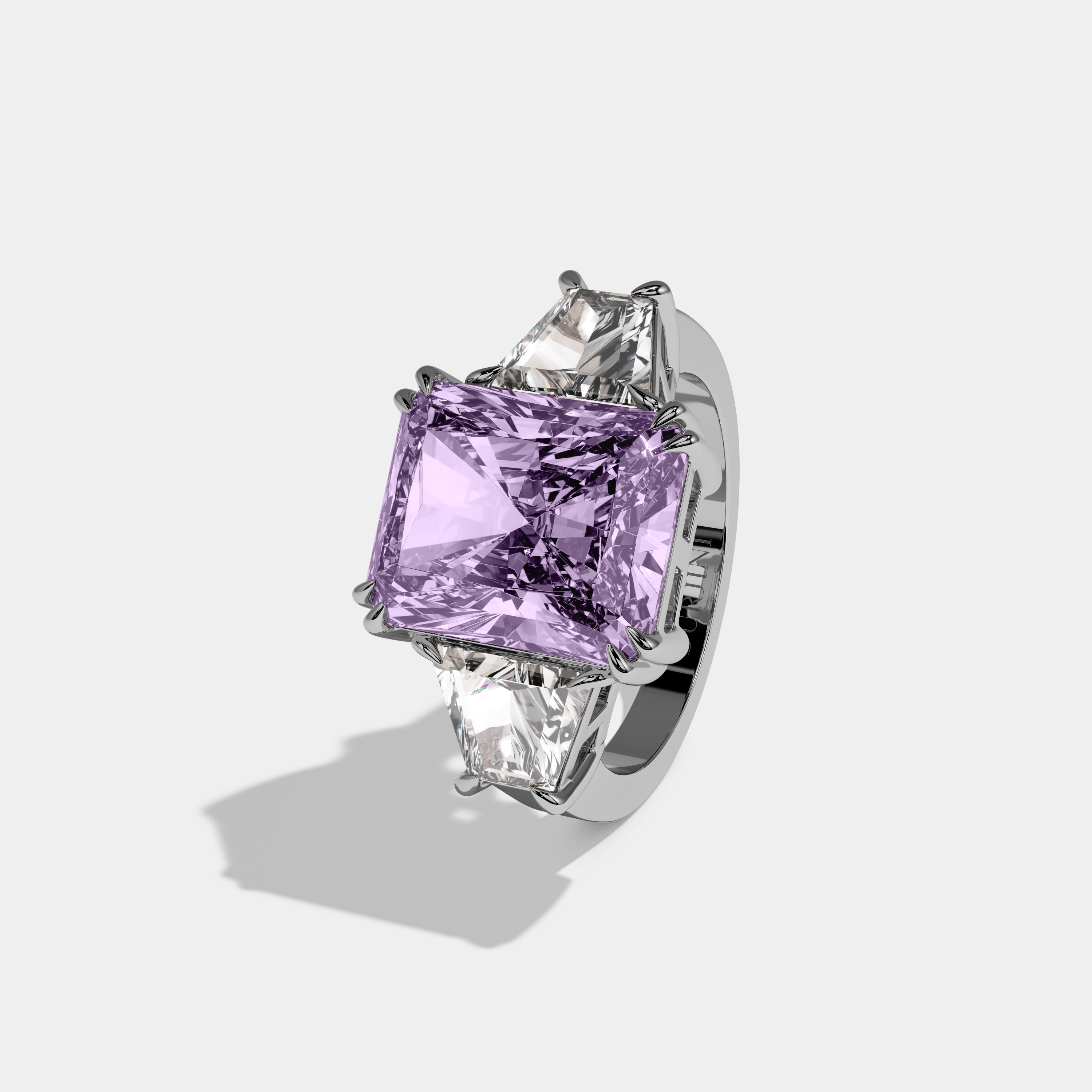 Victoria Fancy Purple Radiant Cut Diamond Plain Band With Trapezoid Sides Engagement Ring 7ct 18K White Gold
