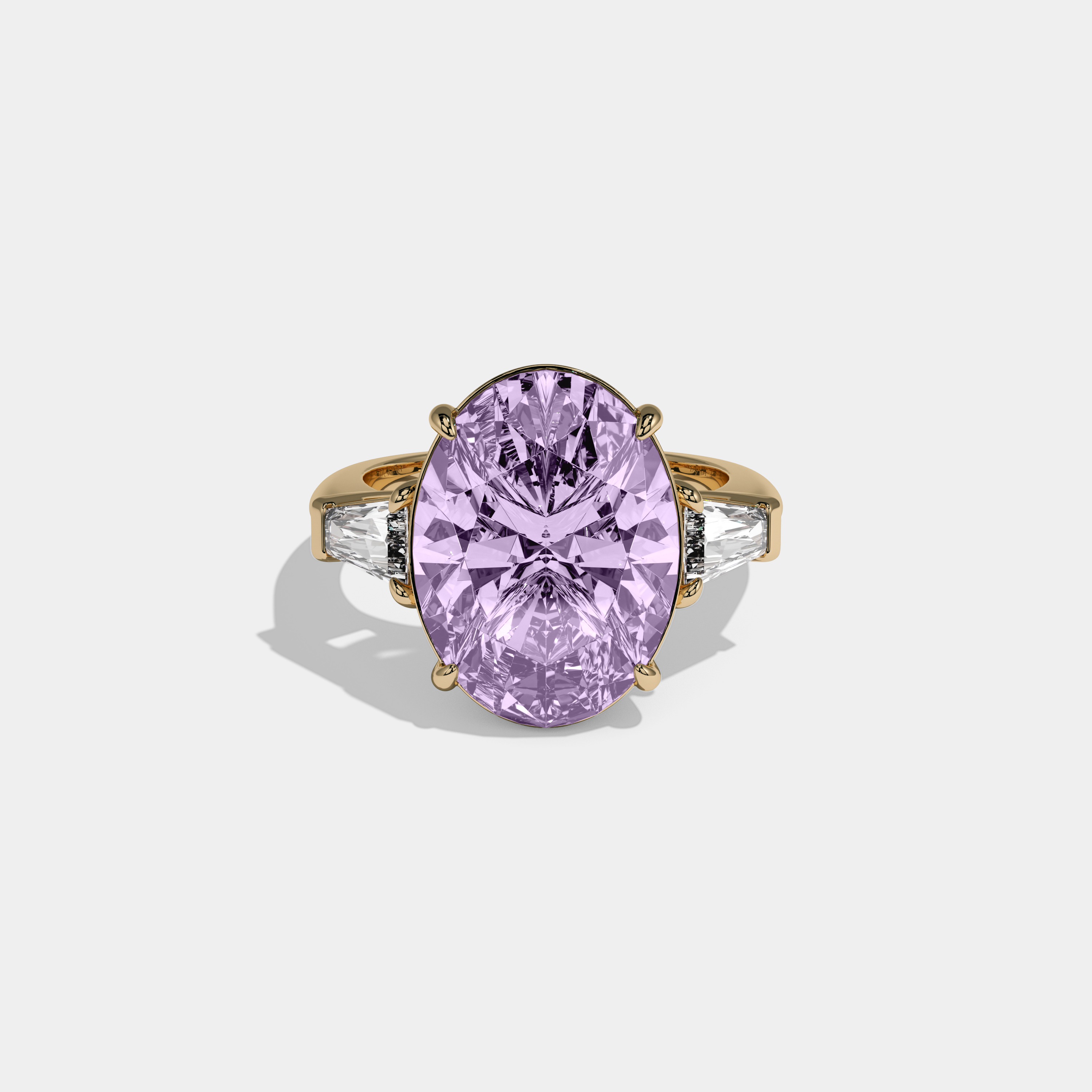 Louise Fancy Purple Oval Cut Diamond Plain Band With Tapered Baguette Cut Sides Engagement Ring 8ct 18K Yellow Gold