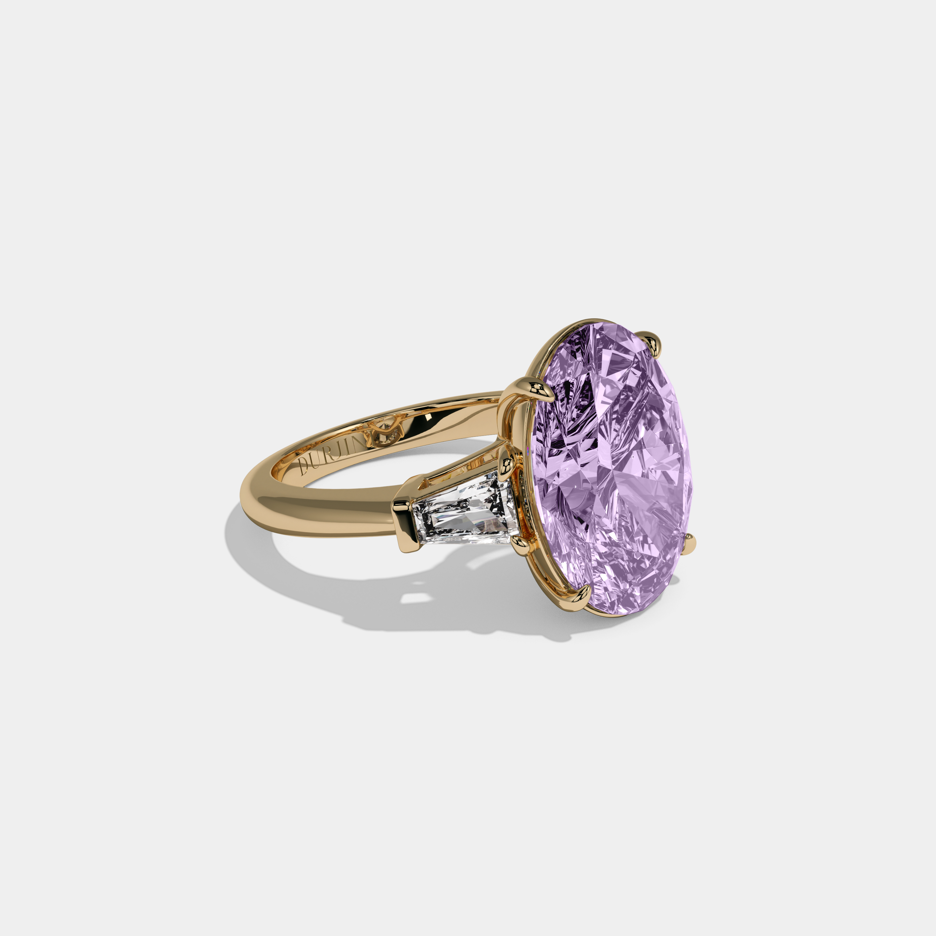 Louise Fancy Purple Oval Cut Diamond Plain Band With Tapered Baguette Cut Sides Engagement Ring 8ct 18K Yellow Gold