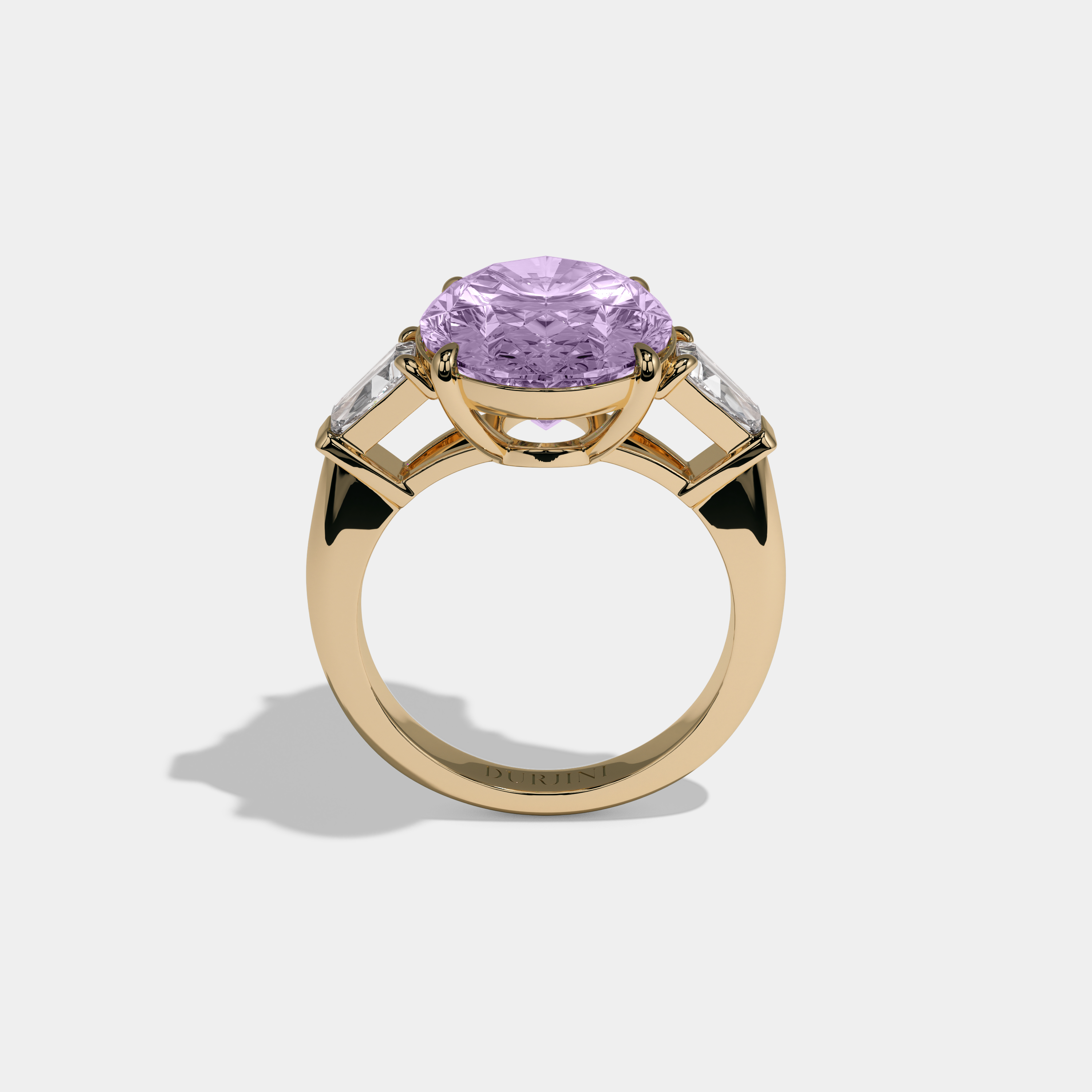 Louise Fancy Purple Oval Cut Diamond Plain Band With Tapered Baguette Cut Sides Engagement Ring 8ct 18K Yellow Gold