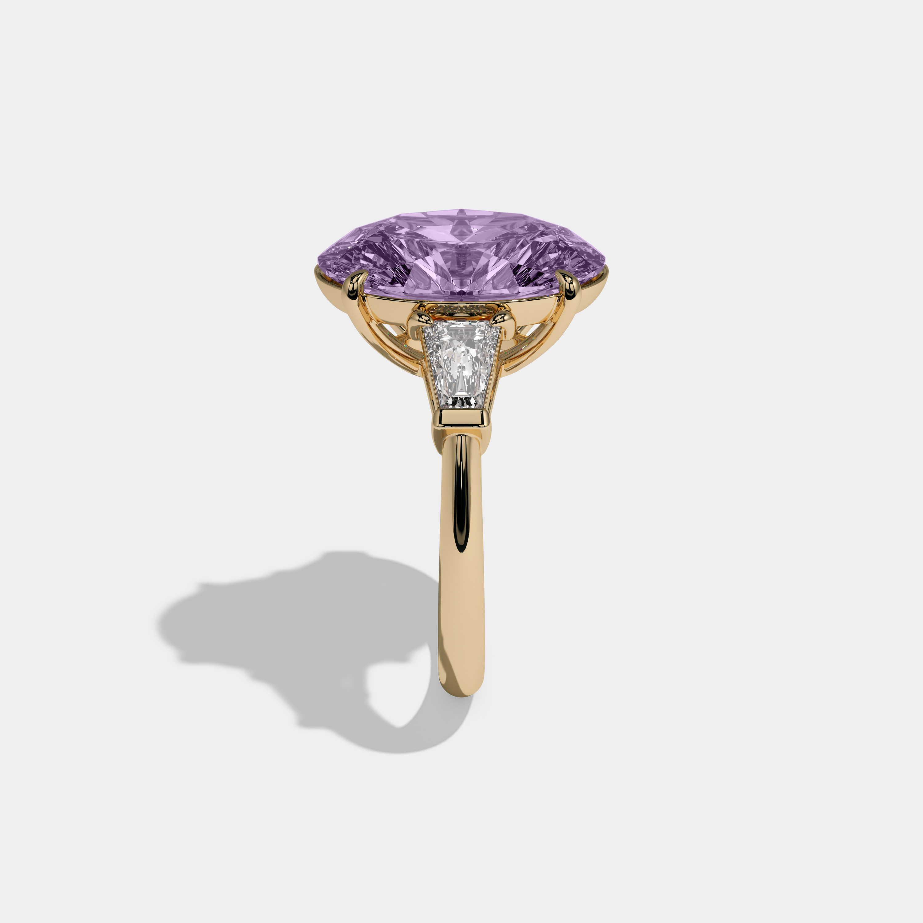 Louise Fancy Purple Oval Cut Diamond Plain Band With Tapered Baguette Cut Sides Engagement Ring 8ct 18K Yellow Gold