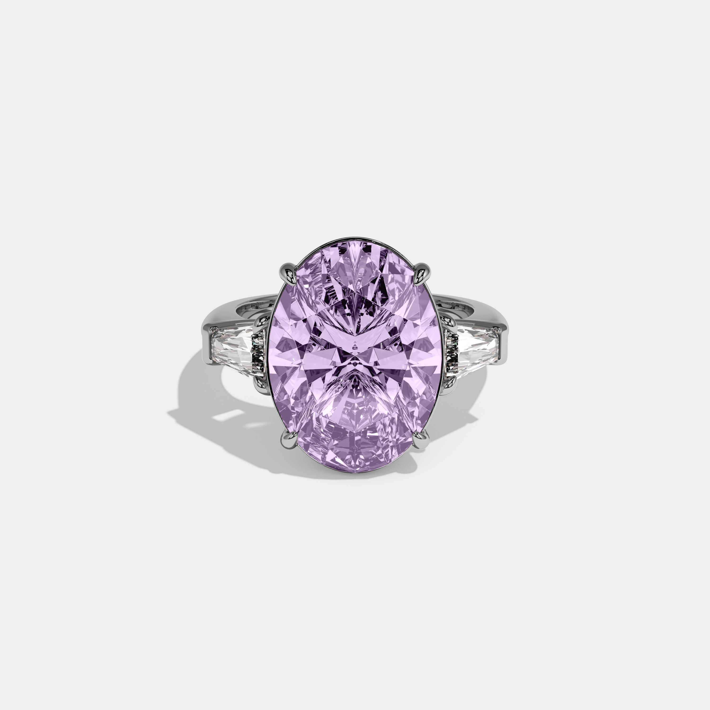 Eugenie Fancy Purple Oval Cut Diamond Plain Band With Tapered Baguette Cut Sides Engagement Ring 8ct 18K White Gold