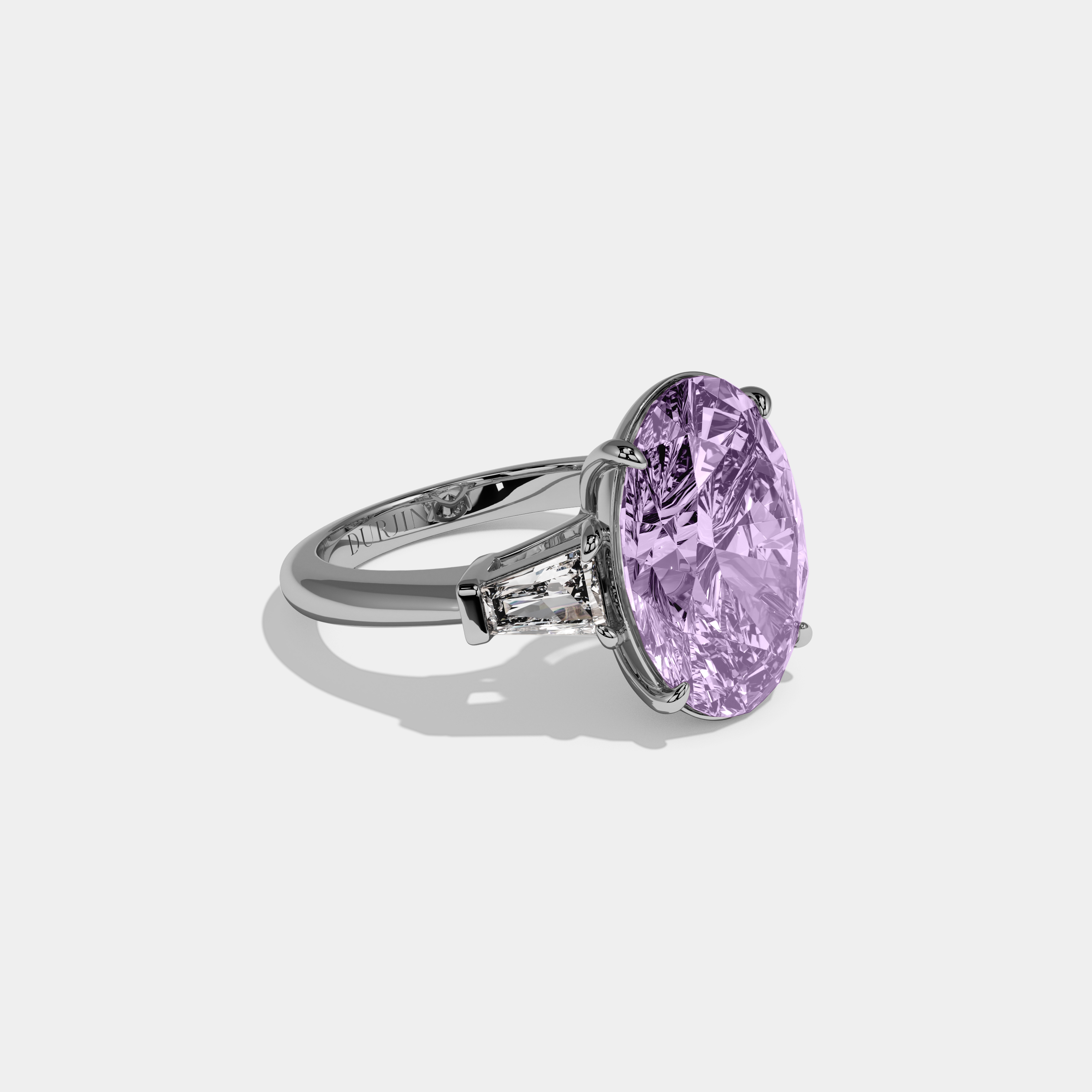 Eugenie Fancy Purple Oval Cut Diamond Plain Band With Tapered Baguette Cut Sides Engagement Ring 8ct 18K White Gold