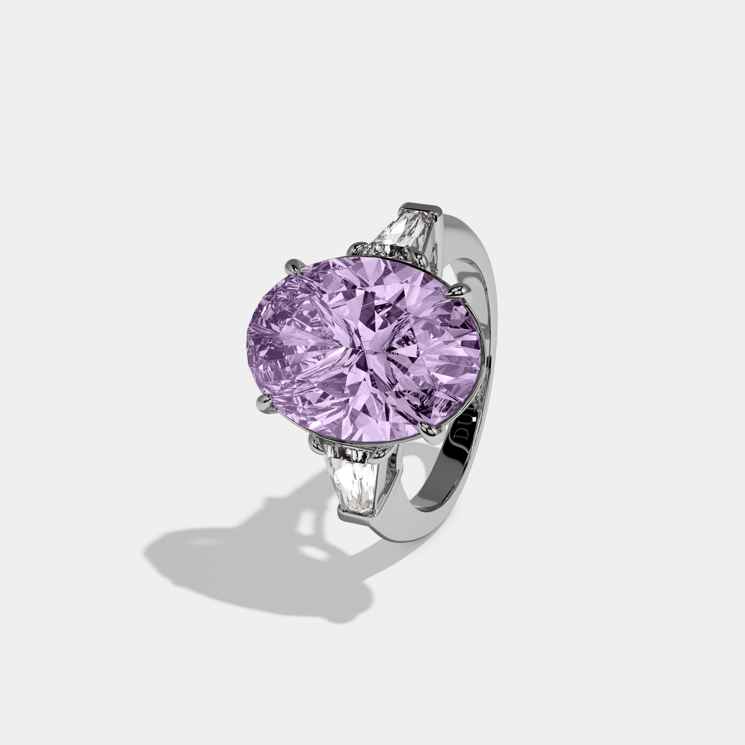 Eugenie Fancy Purple Oval Cut Diamond Plain Band With Tapered Baguette Cut Sides Engagement Ring 8ct 18K White Gold