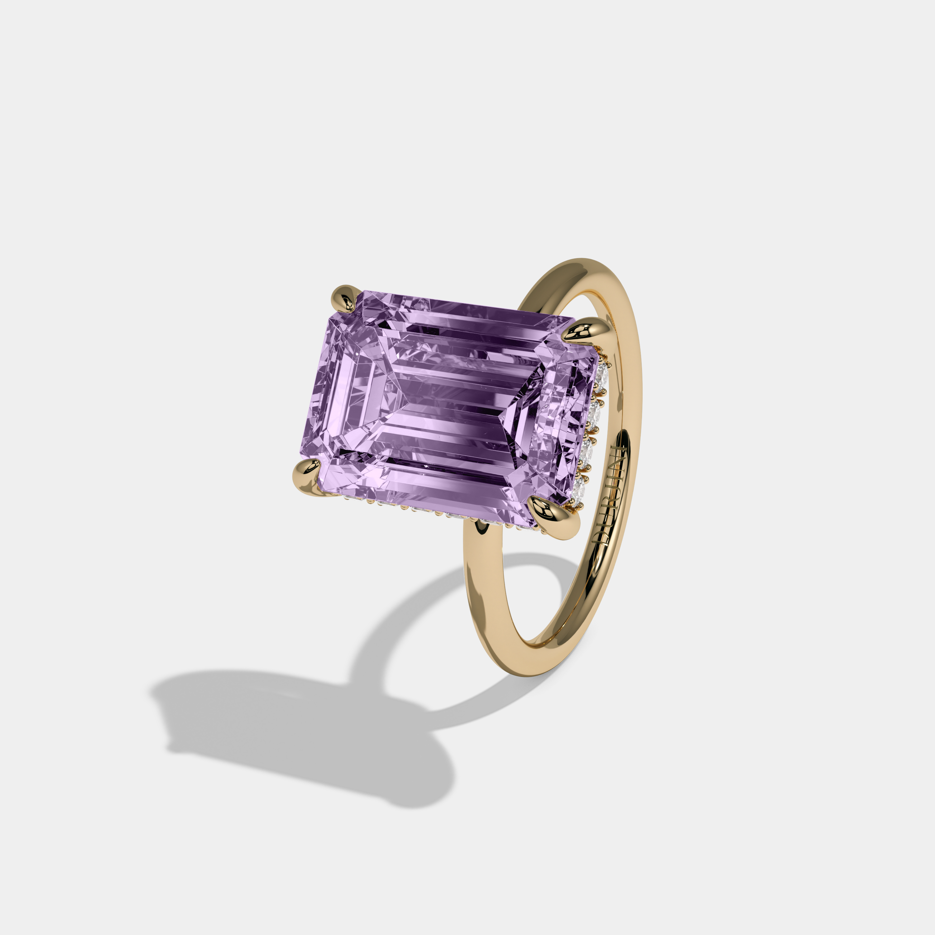 Mary Fancy Purple Emerald Brilliant Cut Diamond Plain Band With Hidden Halo 6.5ct 18K Yellow Gold