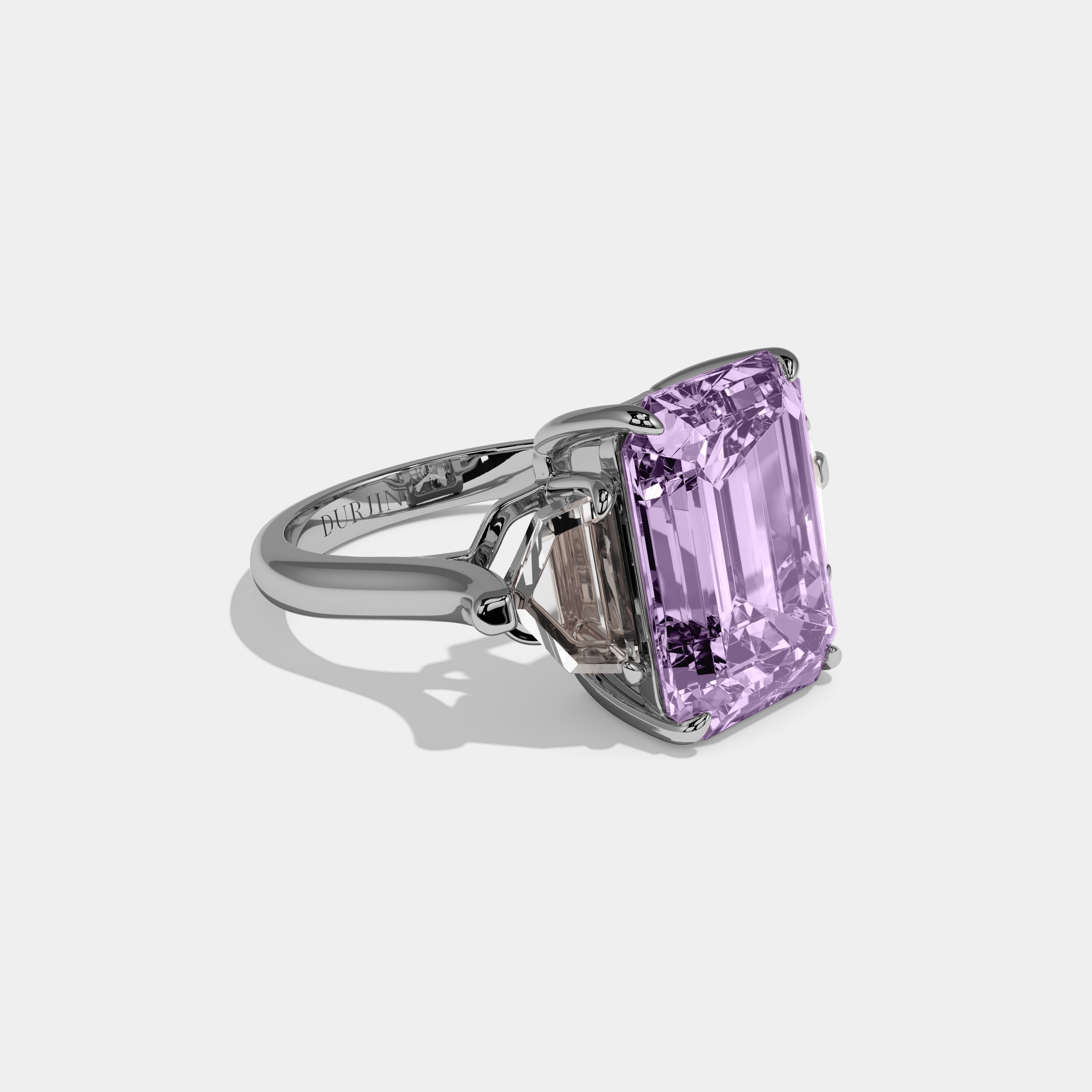 Elizabeth Fancy Purple Emerald Cut Diamond Plain Band Engagement Ring With Pentagon Sides 9ct 18K White Gold