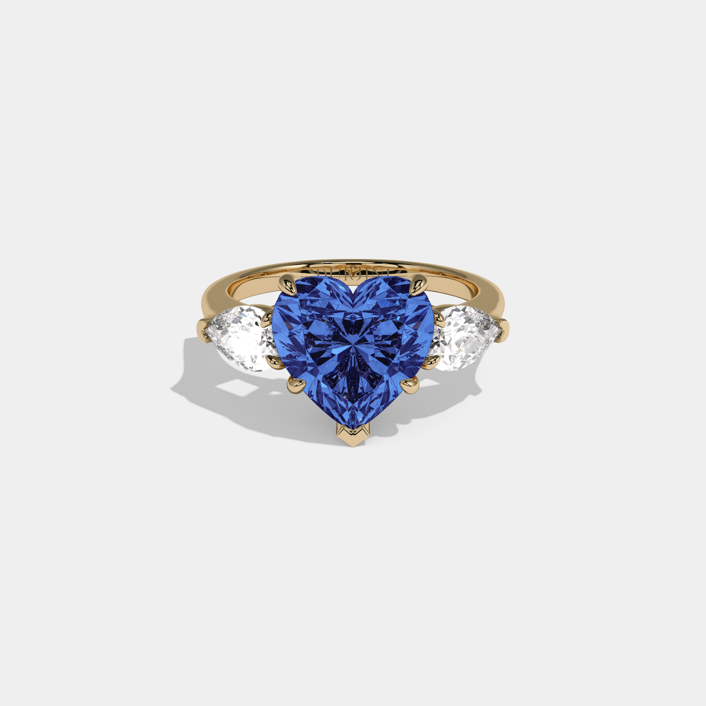 Mary Fancy Dark Blue Heart Cut Diamond Plain Band With Pear Cut Sides Engagement Ring 8ct 18K Yellow Gold