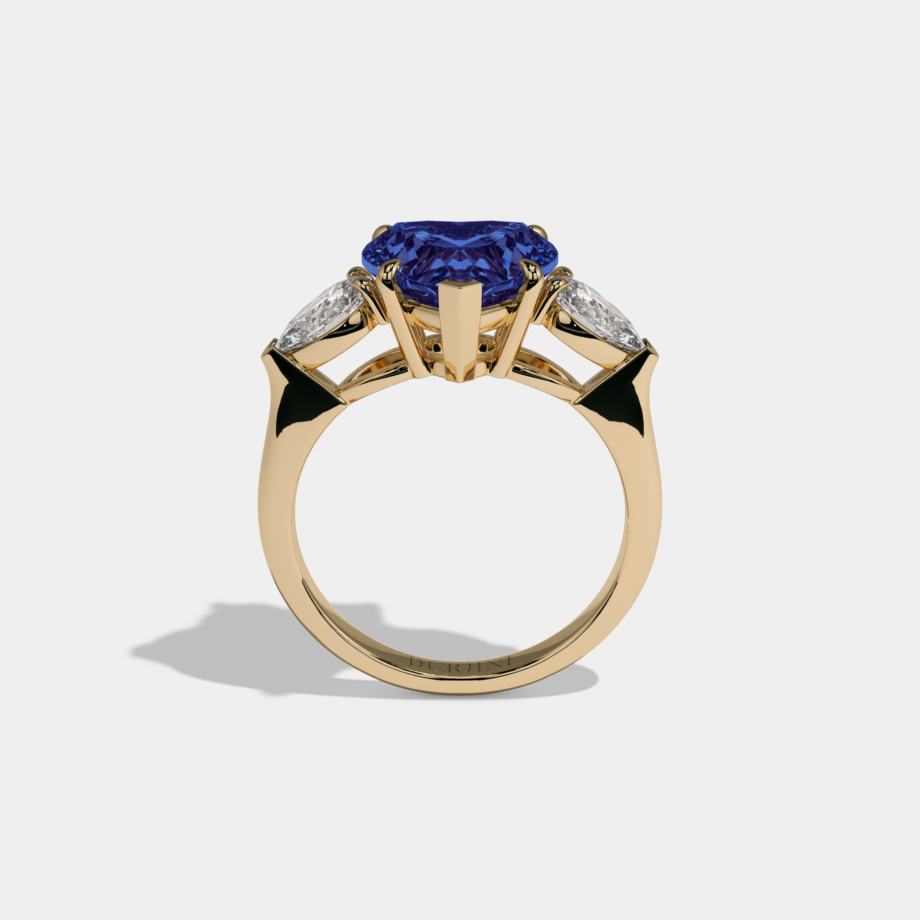 Mary Fancy Dark Blue Heart Cut Diamond Plain Band With Pear Cut Sides Engagement Ring 8ct 18K Yellow Gold