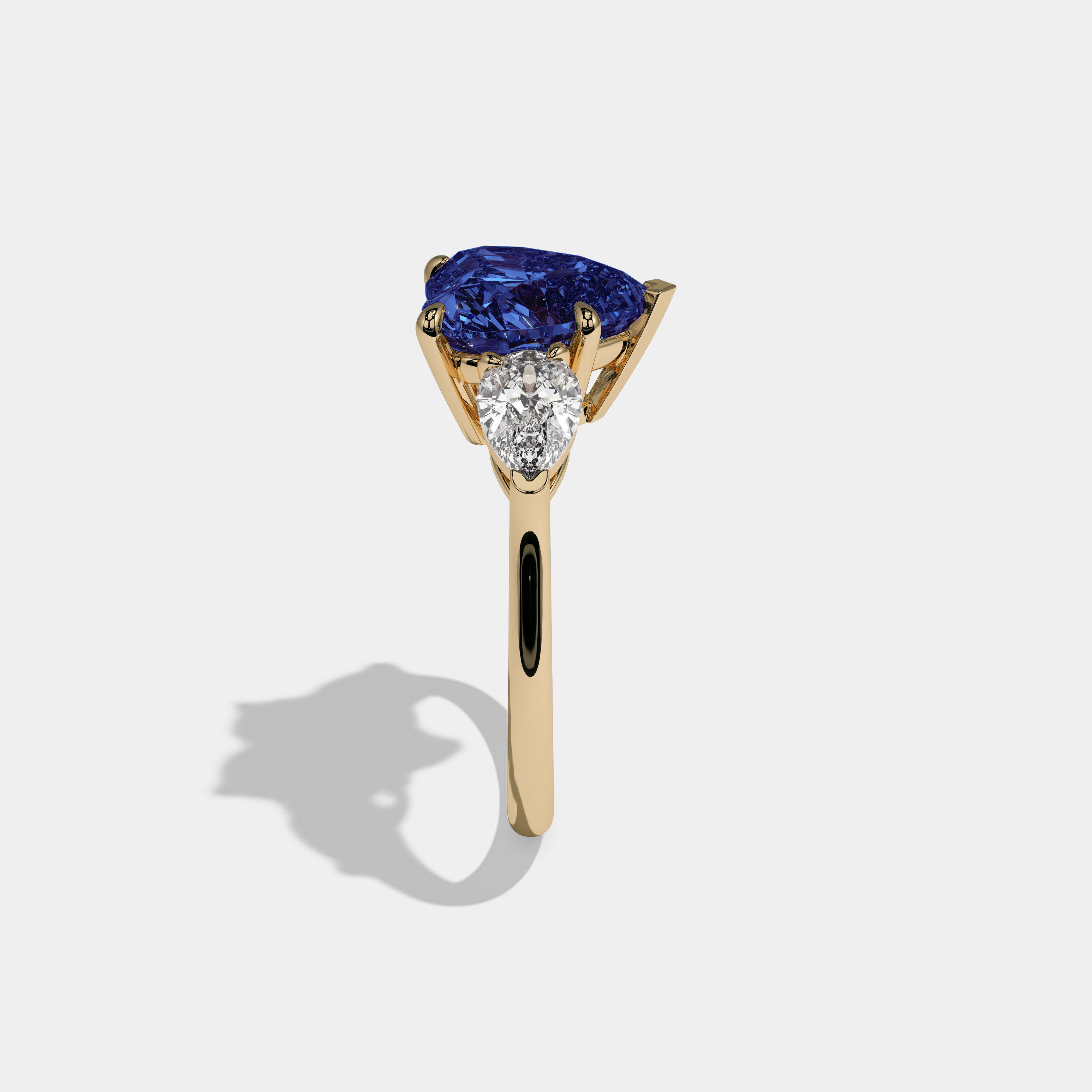 Mary Fancy Dark Blue Heart Cut Diamond Plain Band With Pear Cut Sides Engagement Ring 8ct 18K Yellow Gold