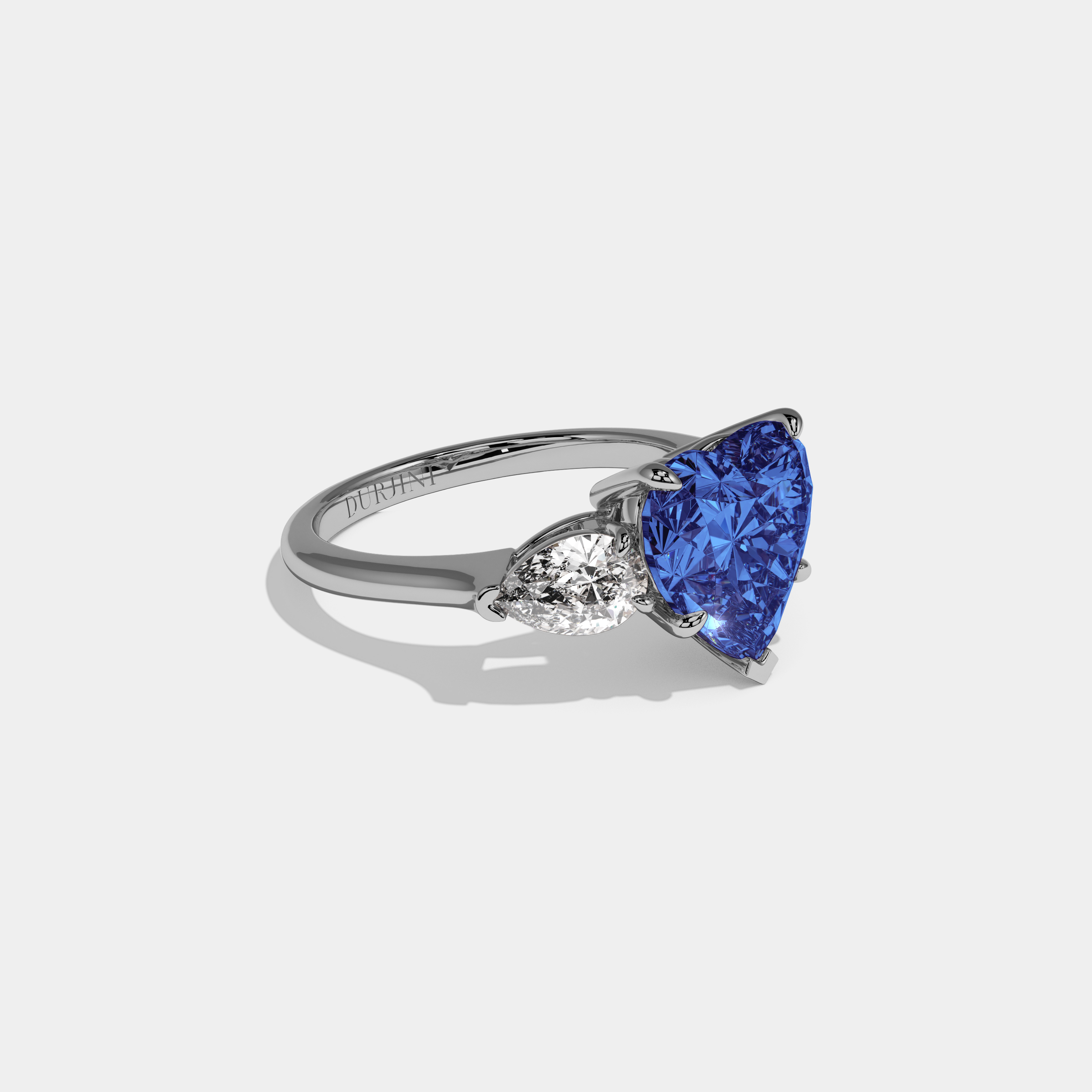 Sophia Fancy Dark Blue Heart Cut Diamond Plain Band With Pear Cut Sides Engagement Ring 8ct 18K White Gold