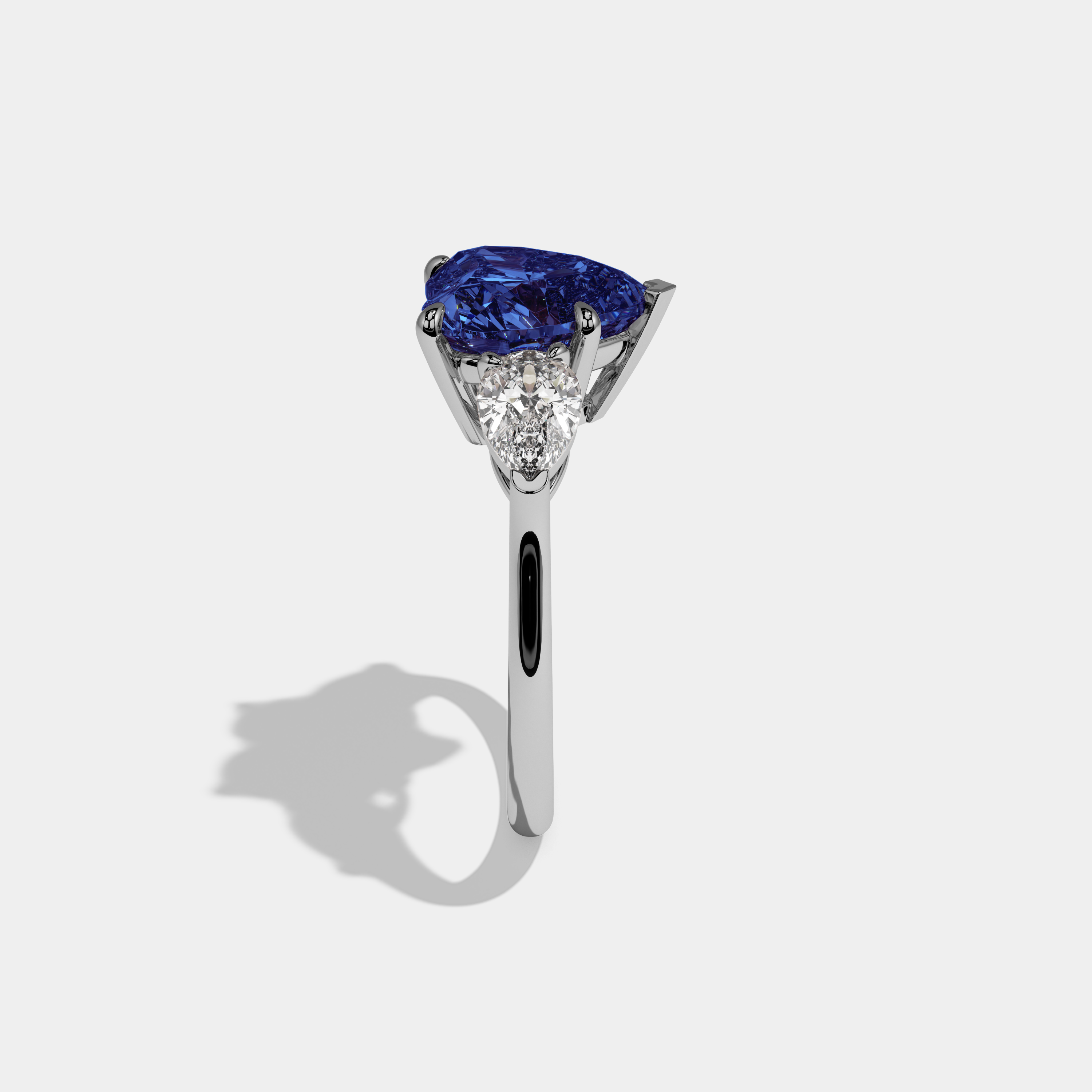 Sophia Fancy Dark Blue Heart Cut Diamond Plain Band With Pear Cut Sides Engagement Ring 8ct 18K White Gold