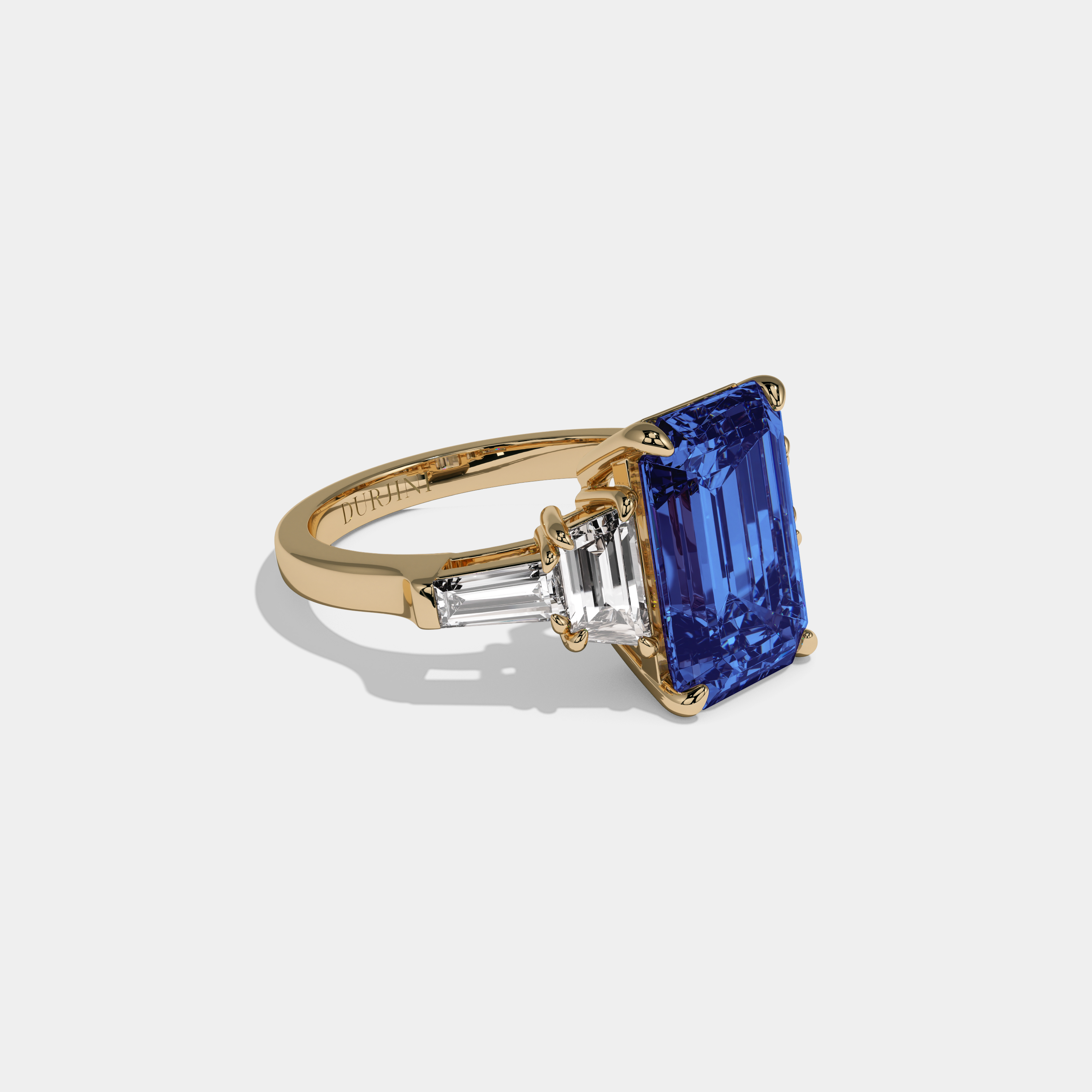 Mary Fancy Dark Blue Emerald Cut Diamond Plain Band With Step Cut Sides Engagement Ring 8ct 18K Yellow Gold