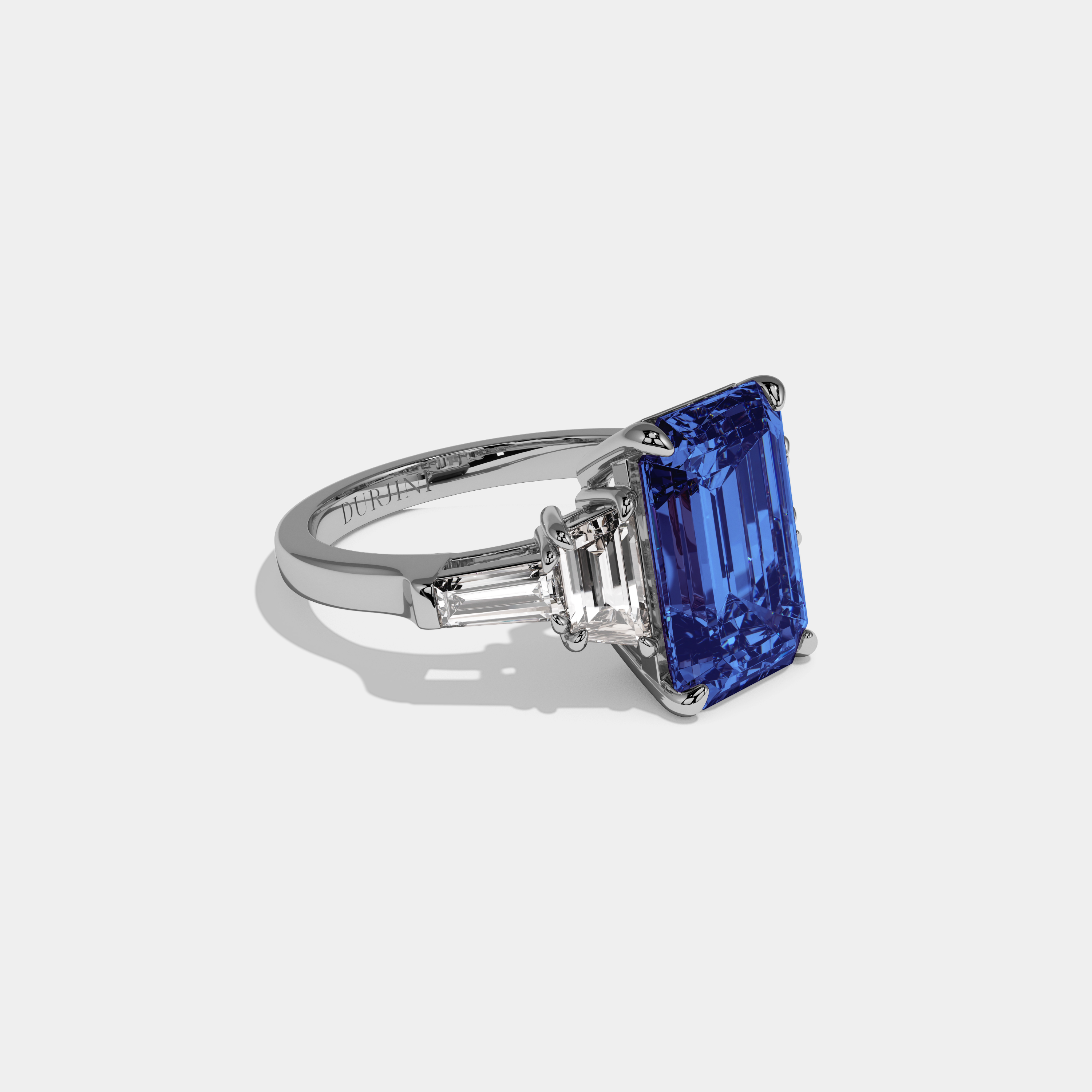 Sophia Fancy Dark Blue Emerald Cut Diamond Plain Band With Step Cut Sides Engagement Ring 8ct 18K White Gold