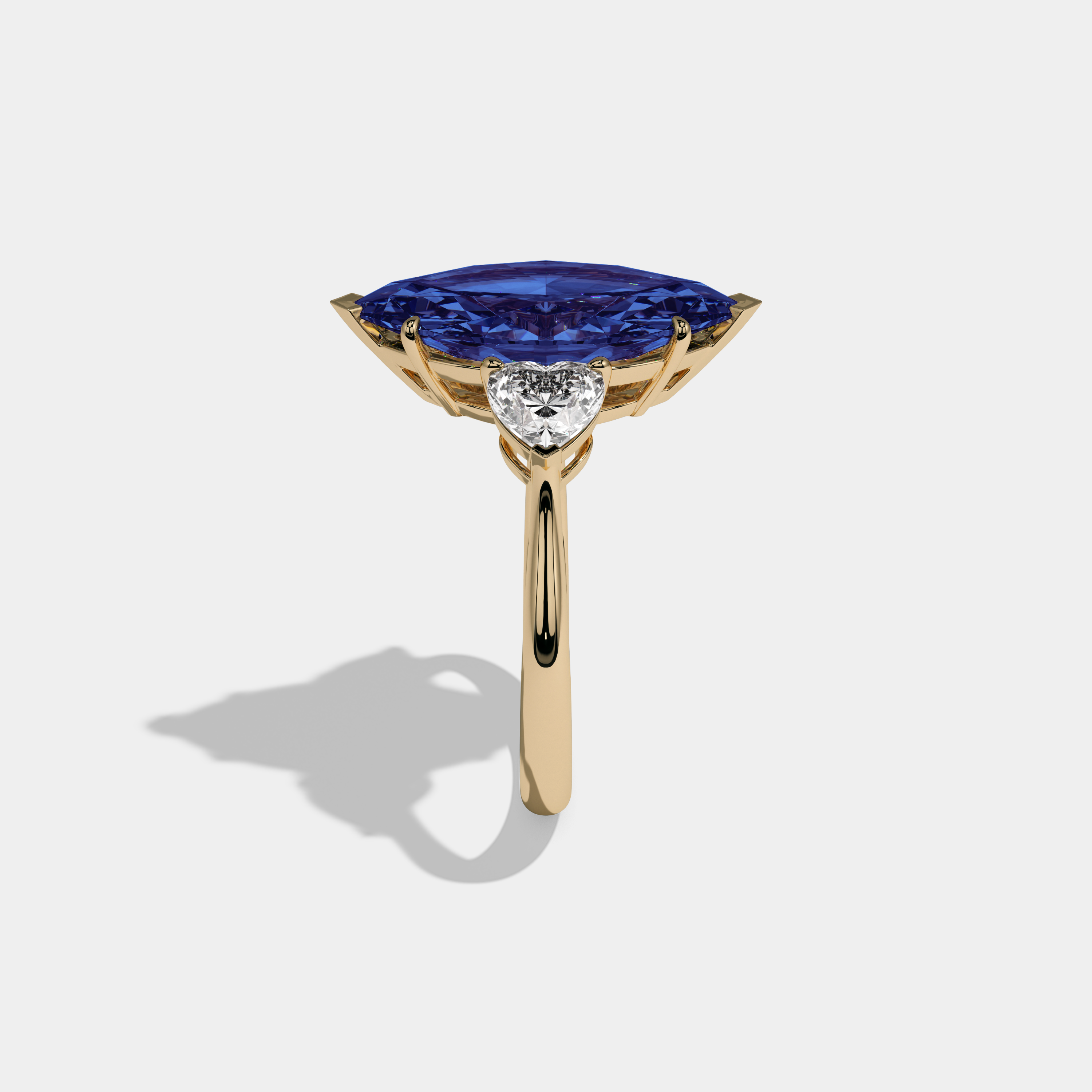 Mary Fancy Dark Blue Marquise Cut Diamond Plain Band With Heart Cut Sides Engagement Ring 8ct 18K Yellow Gold